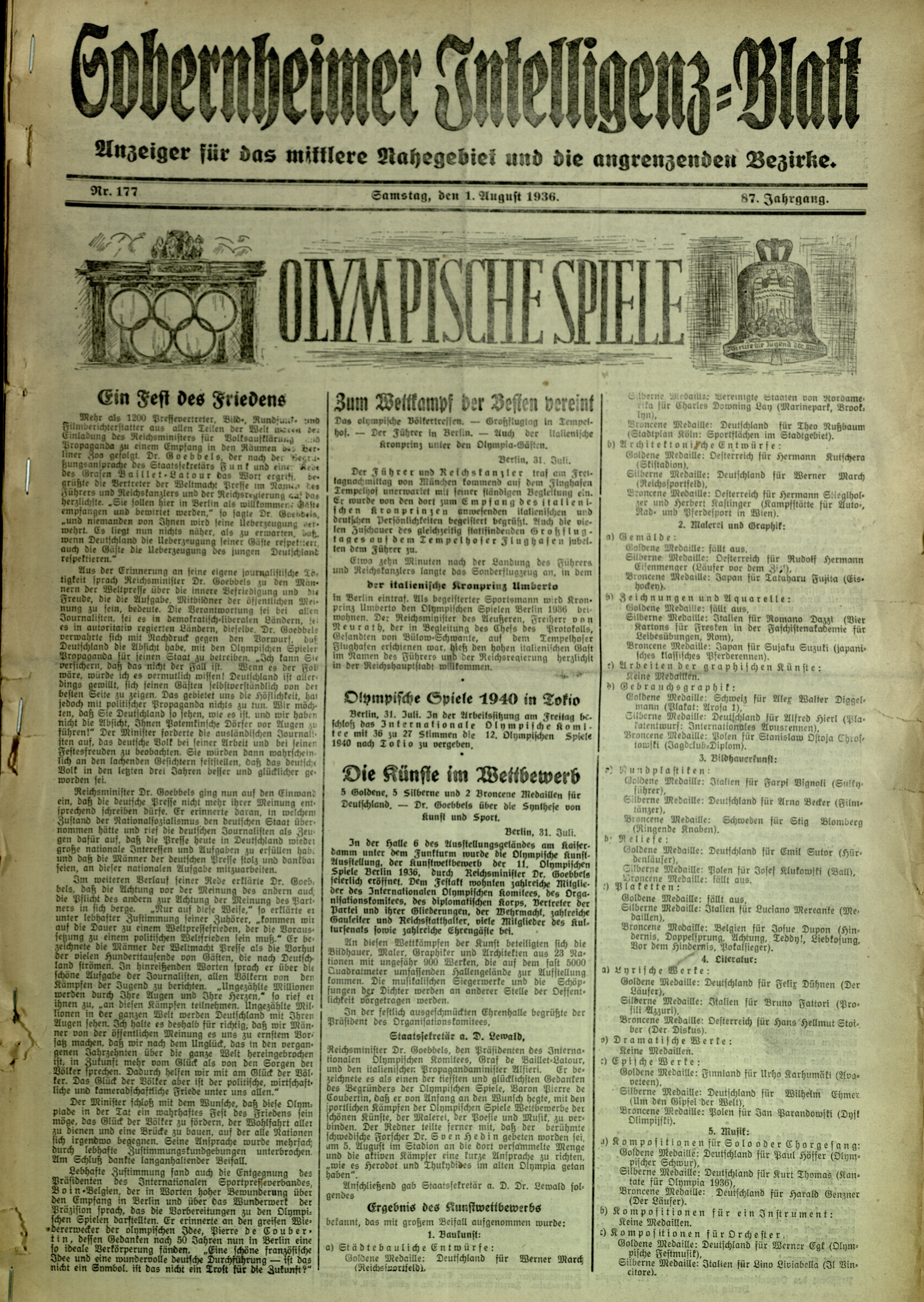 Zeitung: Sobernheimer Intelligenzblatt; August 1936 , Jg. 87, Nr. 177 (Heimatmuseum Bad Sobernheim CC BY-NC-SA)