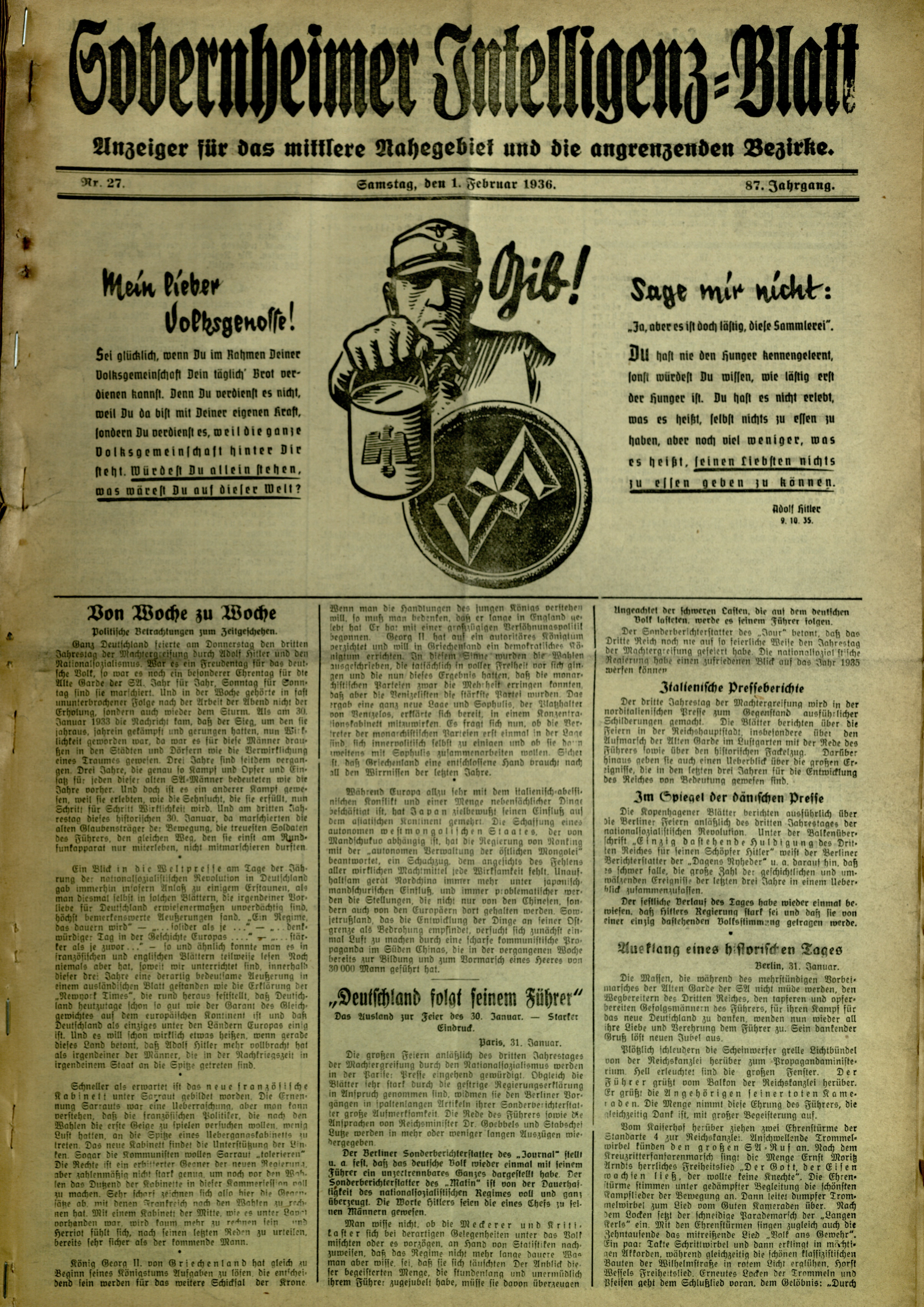 Zeitung: Sobernheimer Intelligenzblatt; Februar 1936 , Jg. 87, Nr. 27 (Heimatmuseum Bad Sobernheim CC BY-NC-SA)
