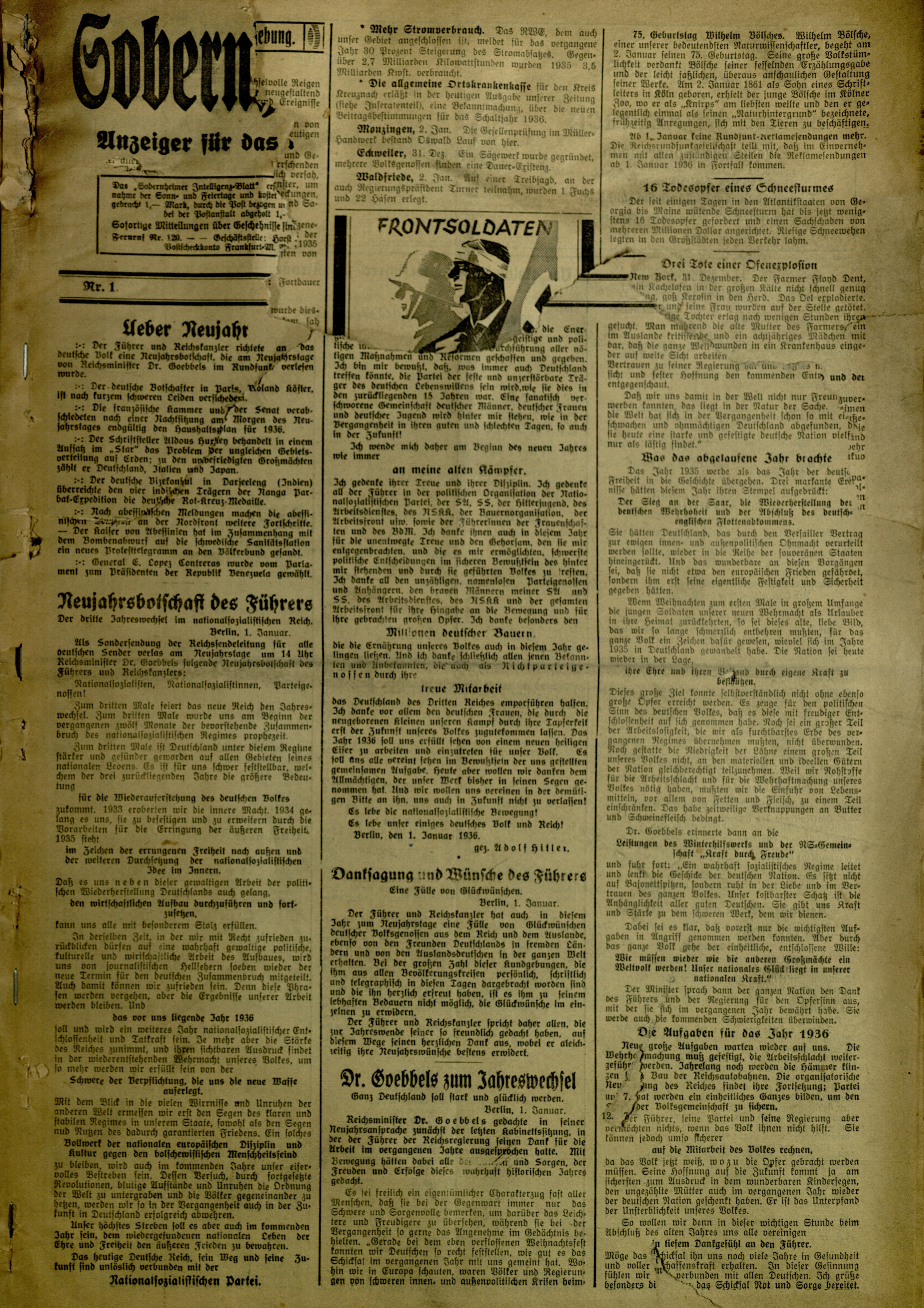 Zeitung: Sobernheimer Intelligenzblatt; Januar 1936 , Jg. 87, Nr. 1 (Heimatmuseum Bad Sobernheim CC BY-NC-SA)