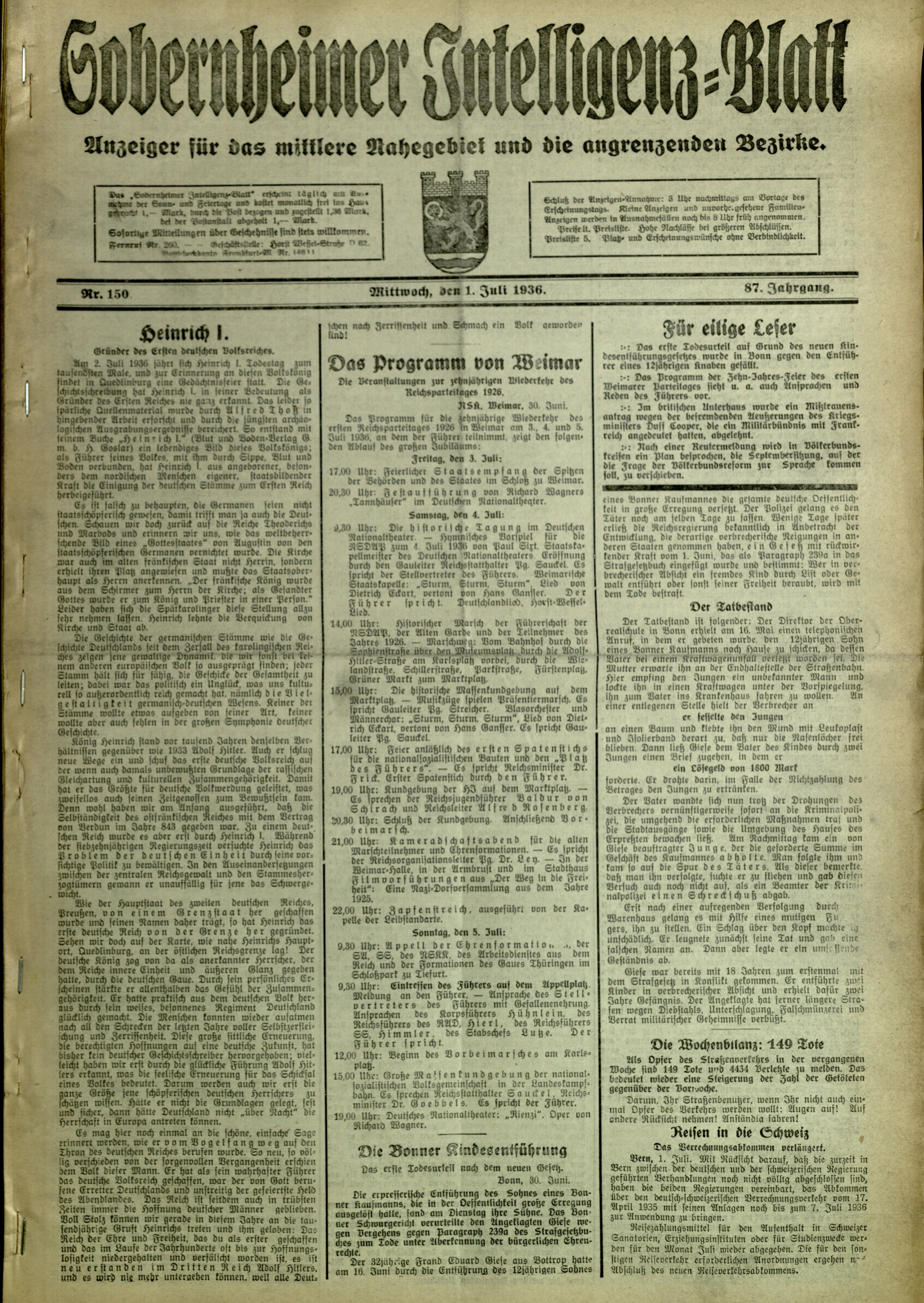 Zeitung: Sobernheimer Intelligenzblatt; Juli 1936 , Jg. 87, Nr. 150 (Heimatmuseum Bad Sobernheim CC BY-NC-SA)
