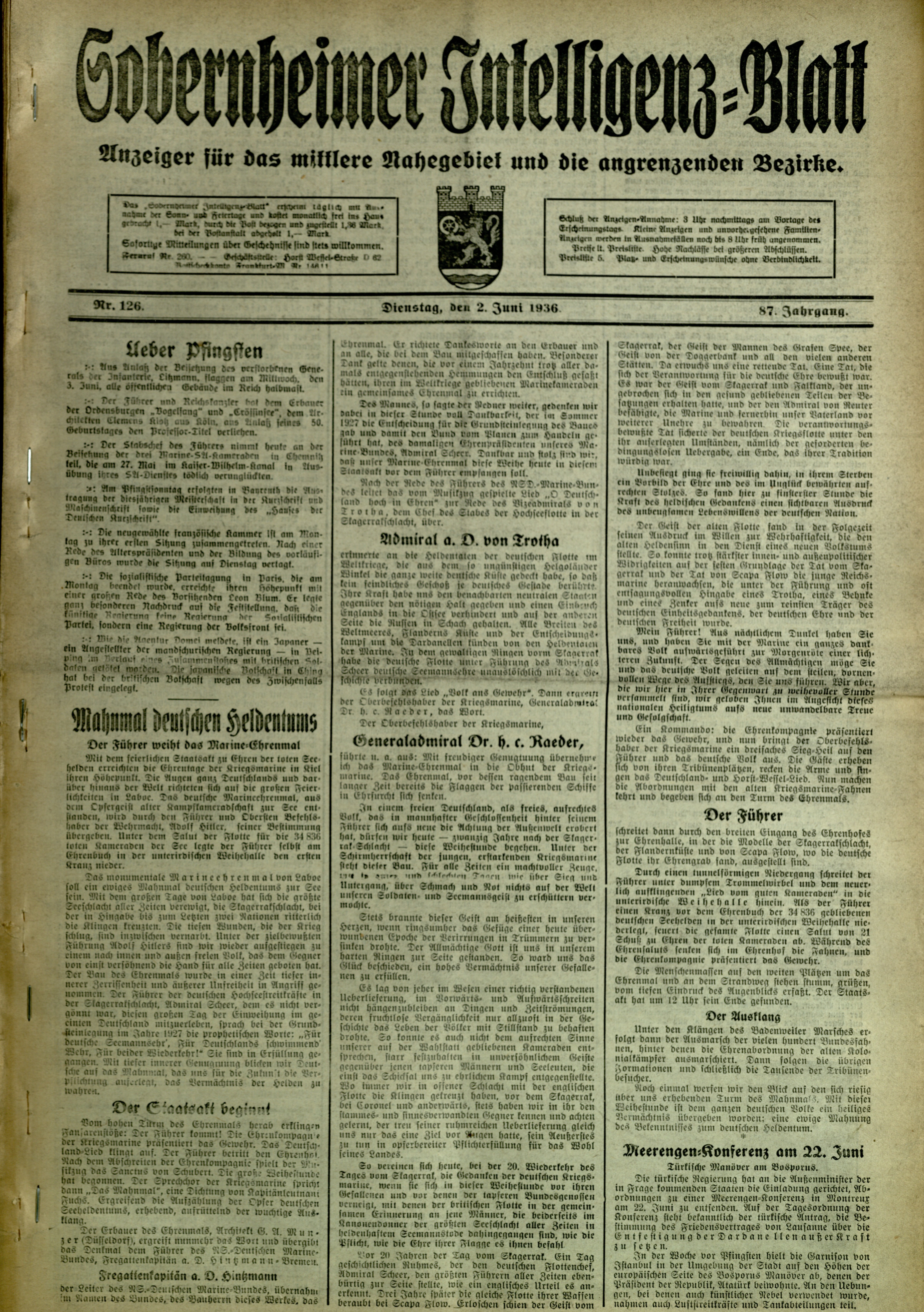 Zeitung: Sobernheimer Intelligenzblatt; Juni 1936 , Jg. 87, Nr. 126 (Heimatmuseum Bad Sobernheim CC BY-NC-SA)