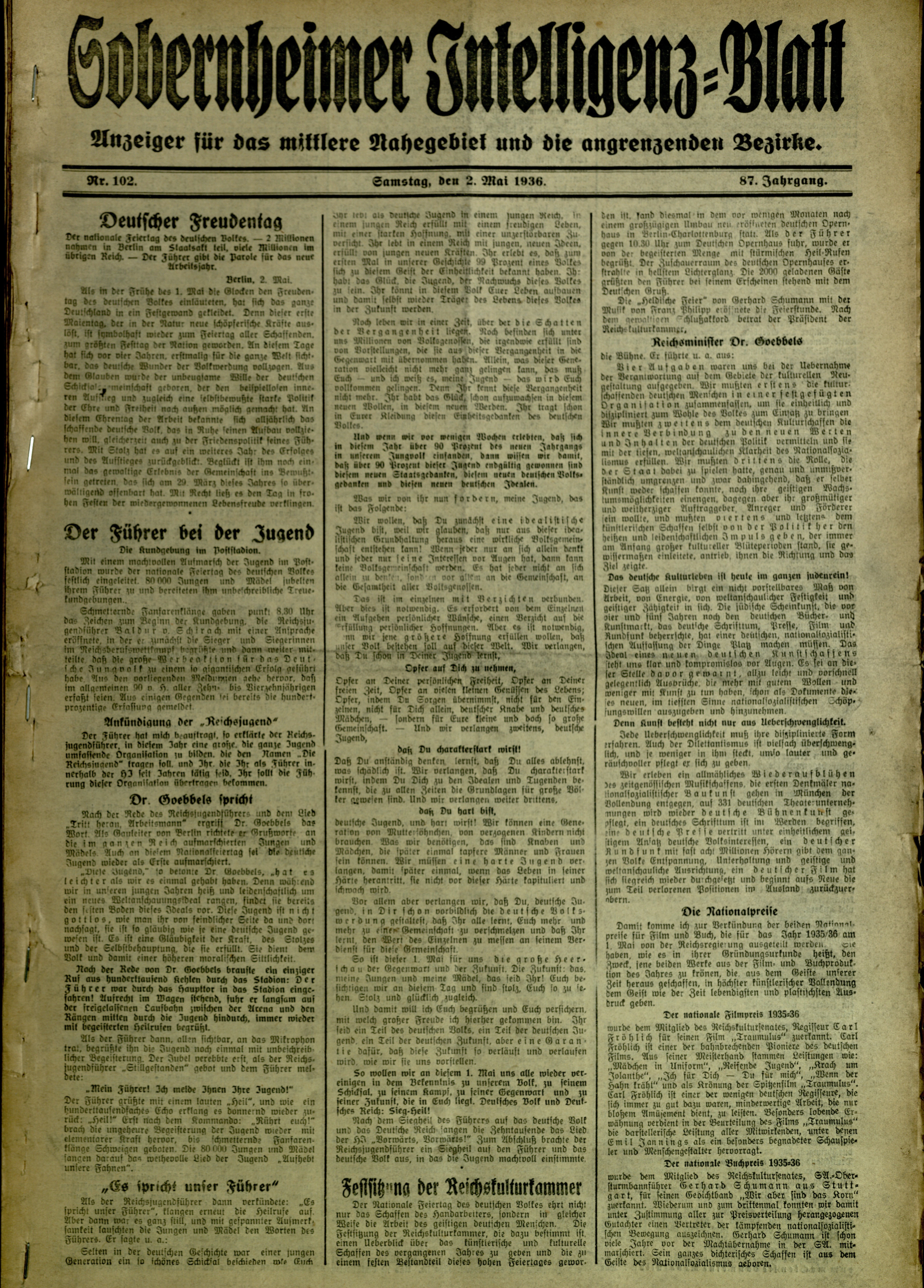 Zeitung: Sobernheimer Intelligenzblatt; Mai 1936 , Jg. 87, Nr. 102 (Heimatmuseum Bad Sobernheim CC BY-NC-SA)
