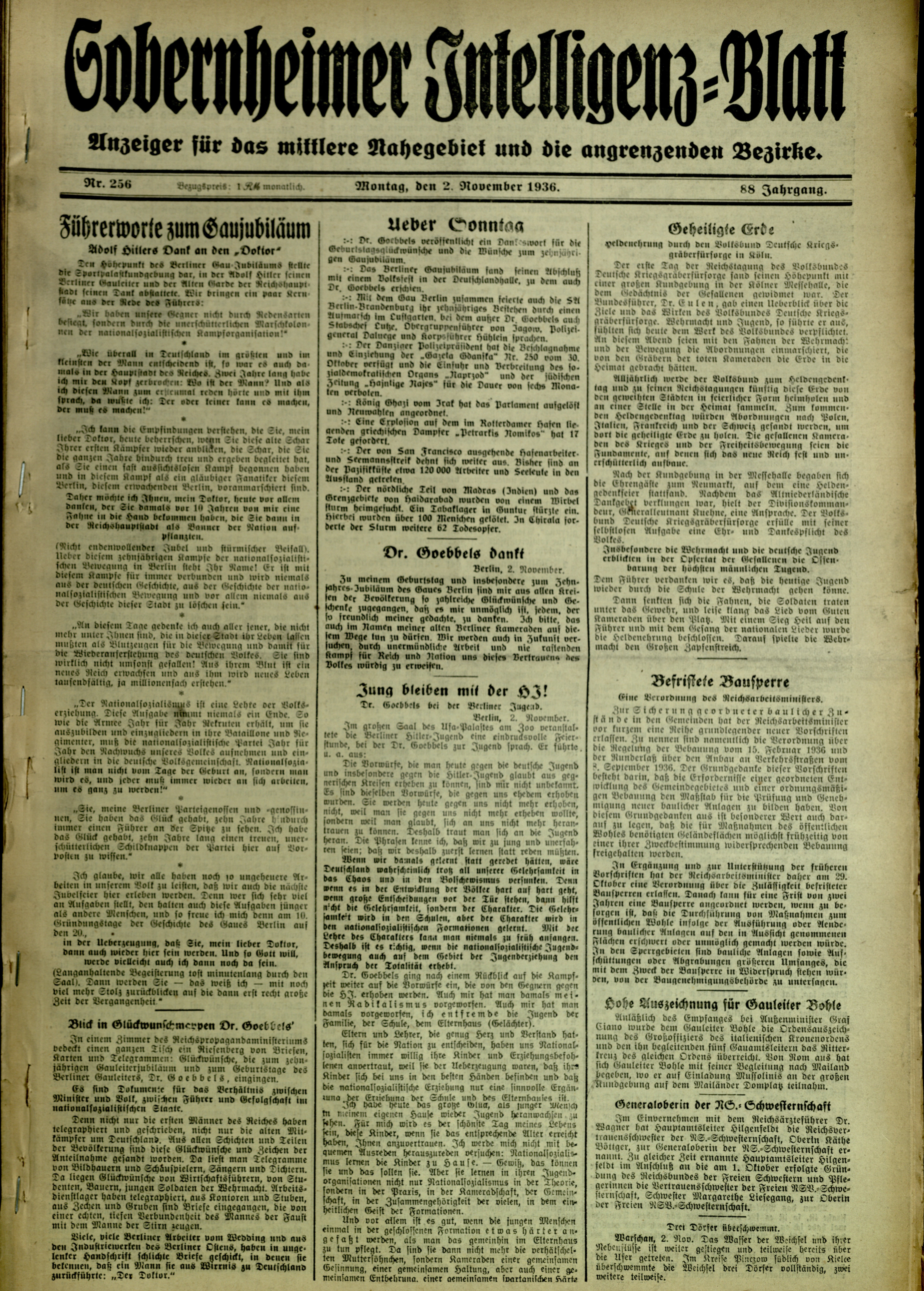 Zeitung: Sobernheimer Intelligenzblatt; November 1936 , Jg. 87, Nr. 256 (Heimatmuseum Bad Sobernheim CC BY-NC-SA)