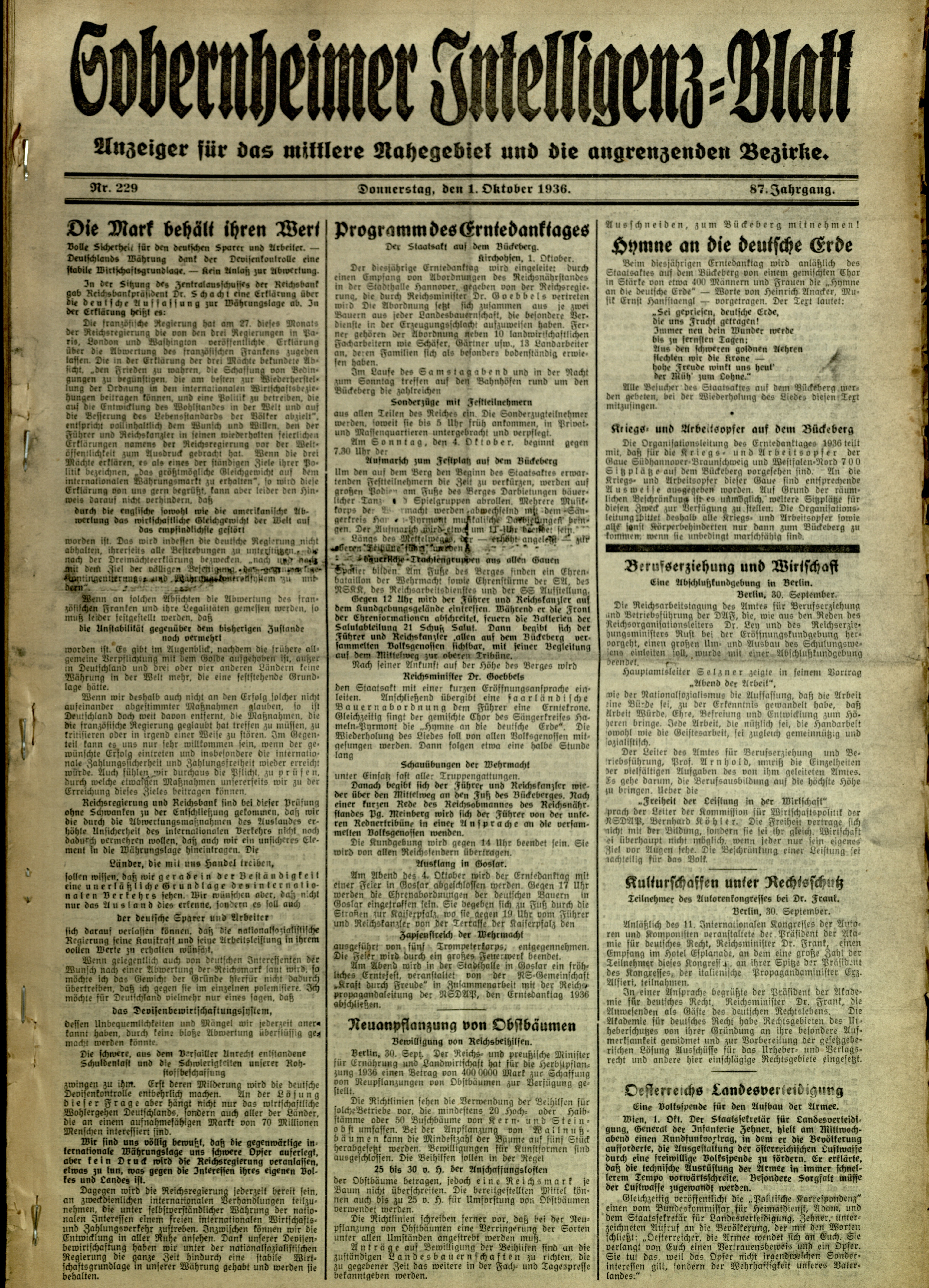 Zeitung: Sobernheimer Intelligenzblatt; Oktober 1936 , Jg. 87, Nr. 229 (Heimatmuseum Bad Sobernheim CC BY-NC-SA)