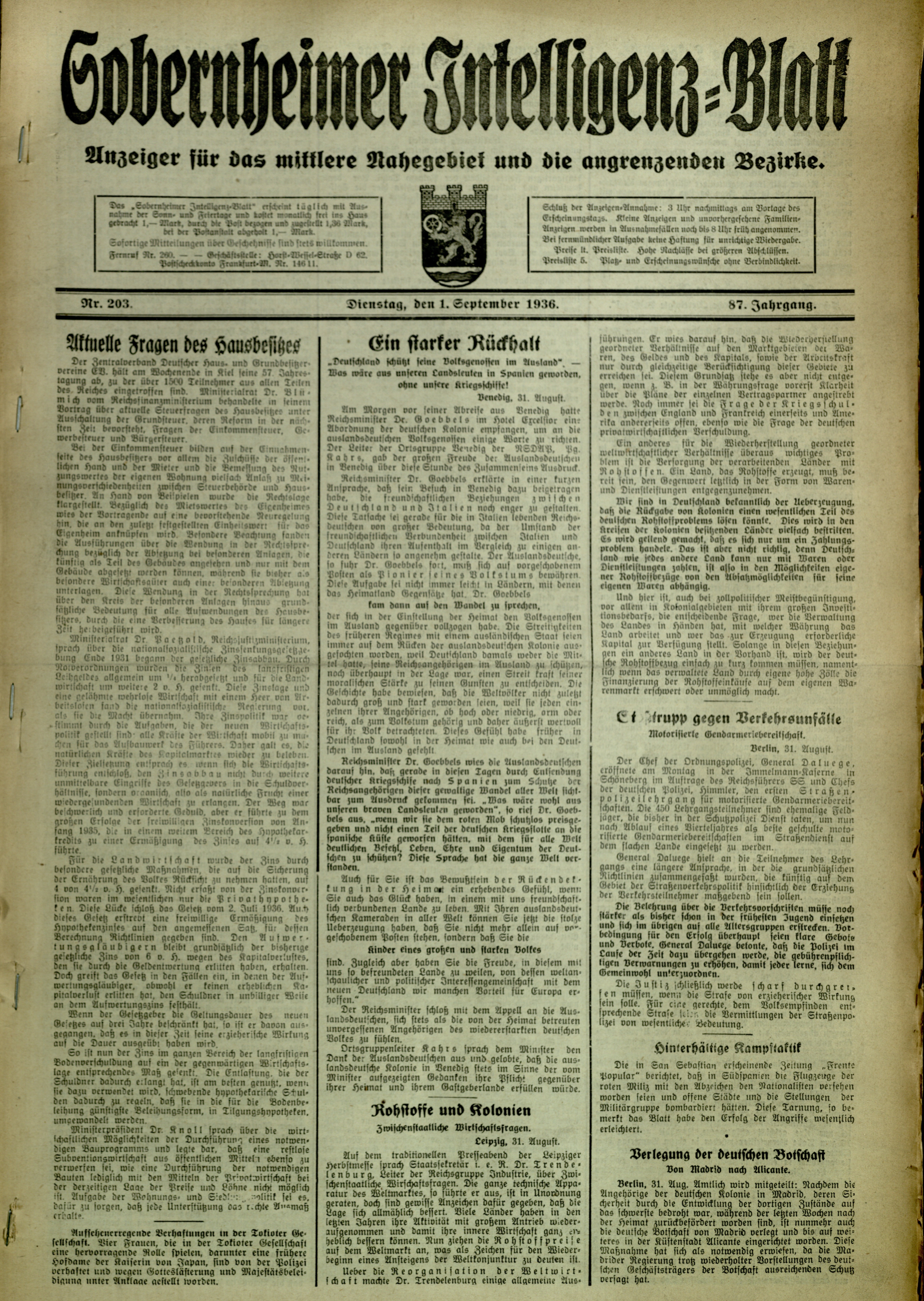 Zeitung: Sobernheimer Intelligenzblatt; September 1936, Jg. 87 Nr. 203 (Heimatmuseum Bad Sobernheim CC BY-NC-SA)