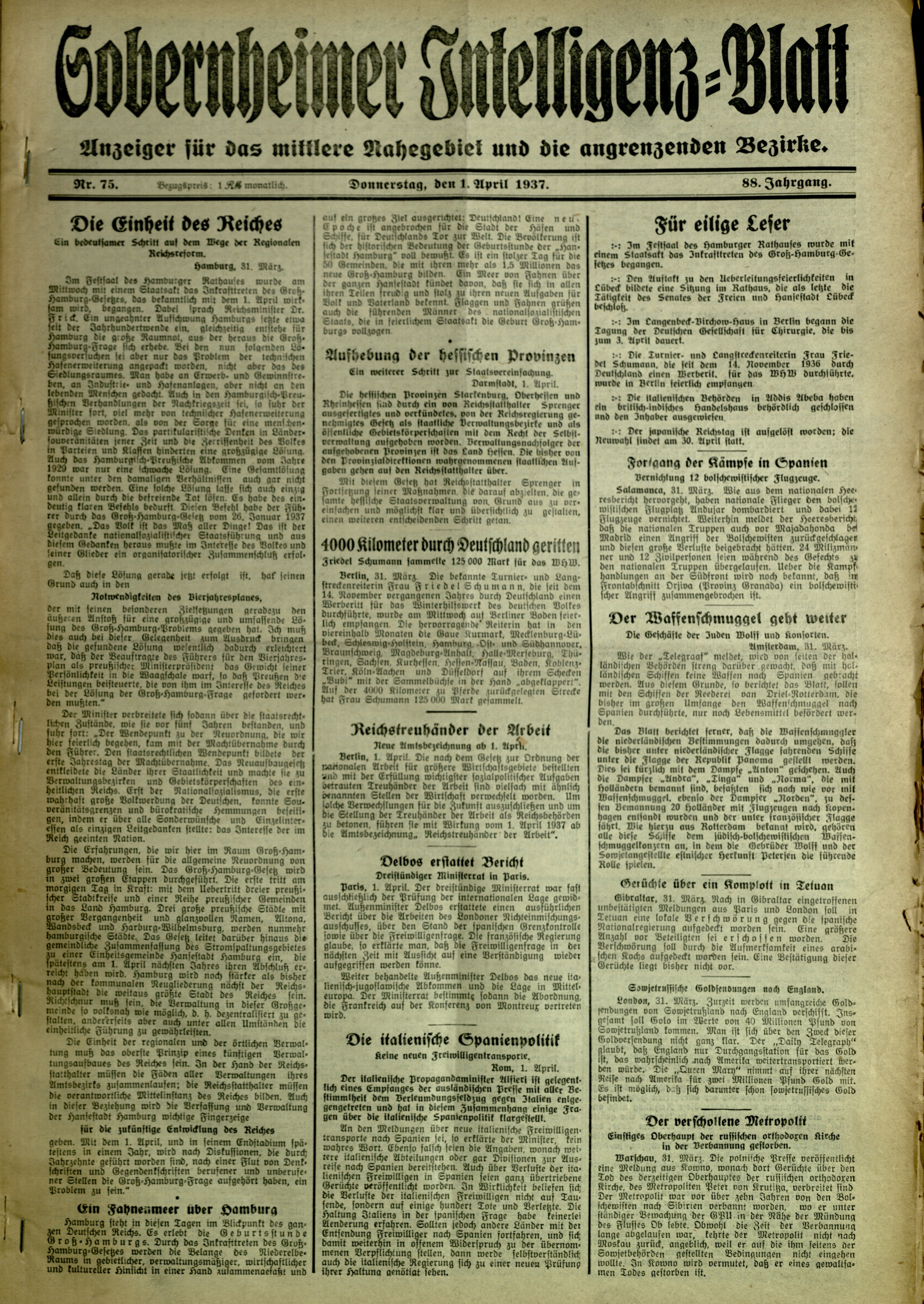Zeitung: Sobernheimer Intelligenzblatt; April 1937, Jg. 88 Nr. 75 (Heimatmuseum Bad Sobernheim CC BY-NC-SA)