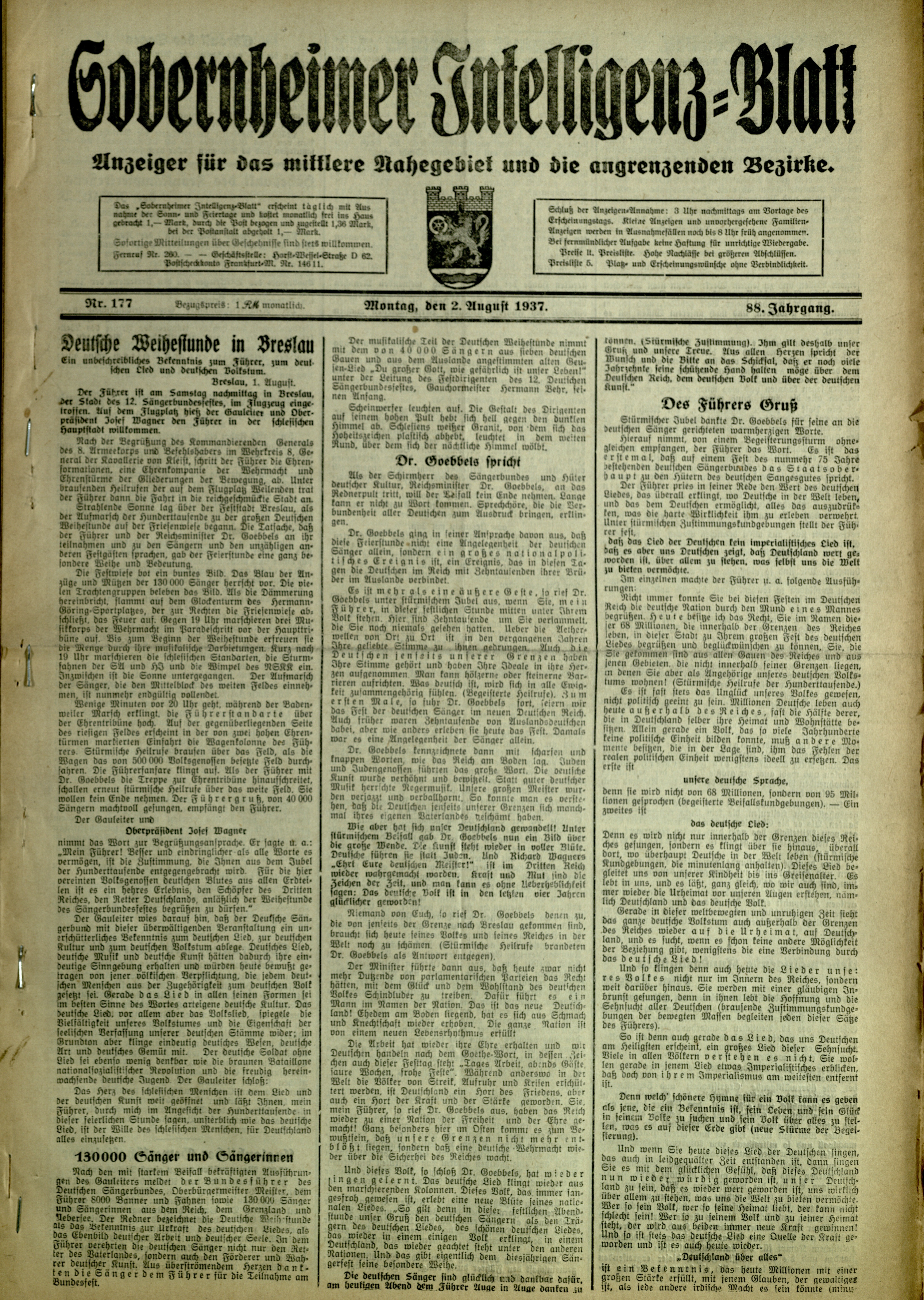 Zeitung: Sobernheimer Intelligenzblatt; August 1937, Jg. 88 Nr. 177 (Heimatmuseum Bad Sobernheim CC BY-NC-SA)