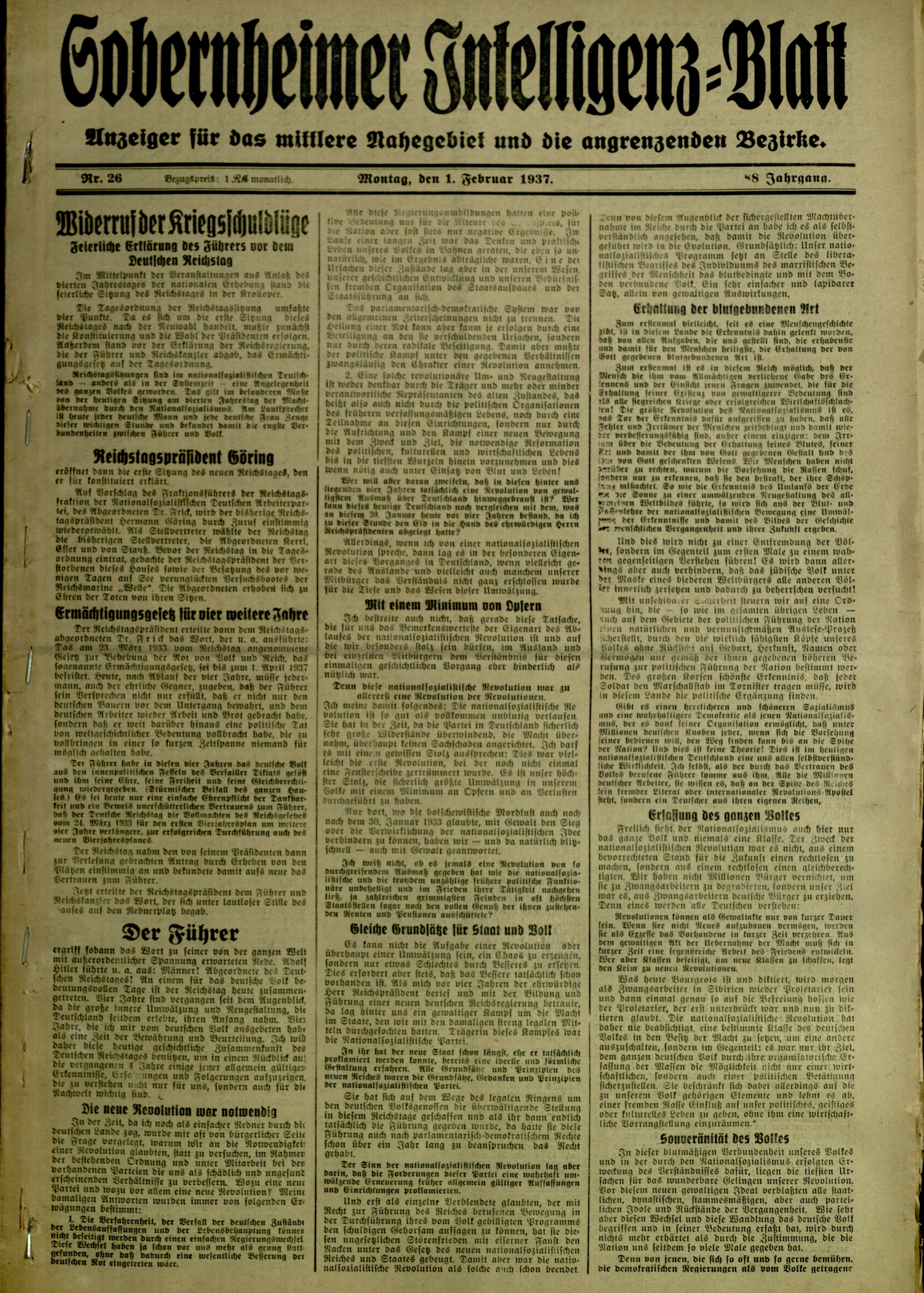 Zeitung: Sobernheimer Intelligenzblatt; Februar 1937, Jg. 88 Nr. 26 (Heimatmuseum Bad Sobernheim CC BY-NC-SA)