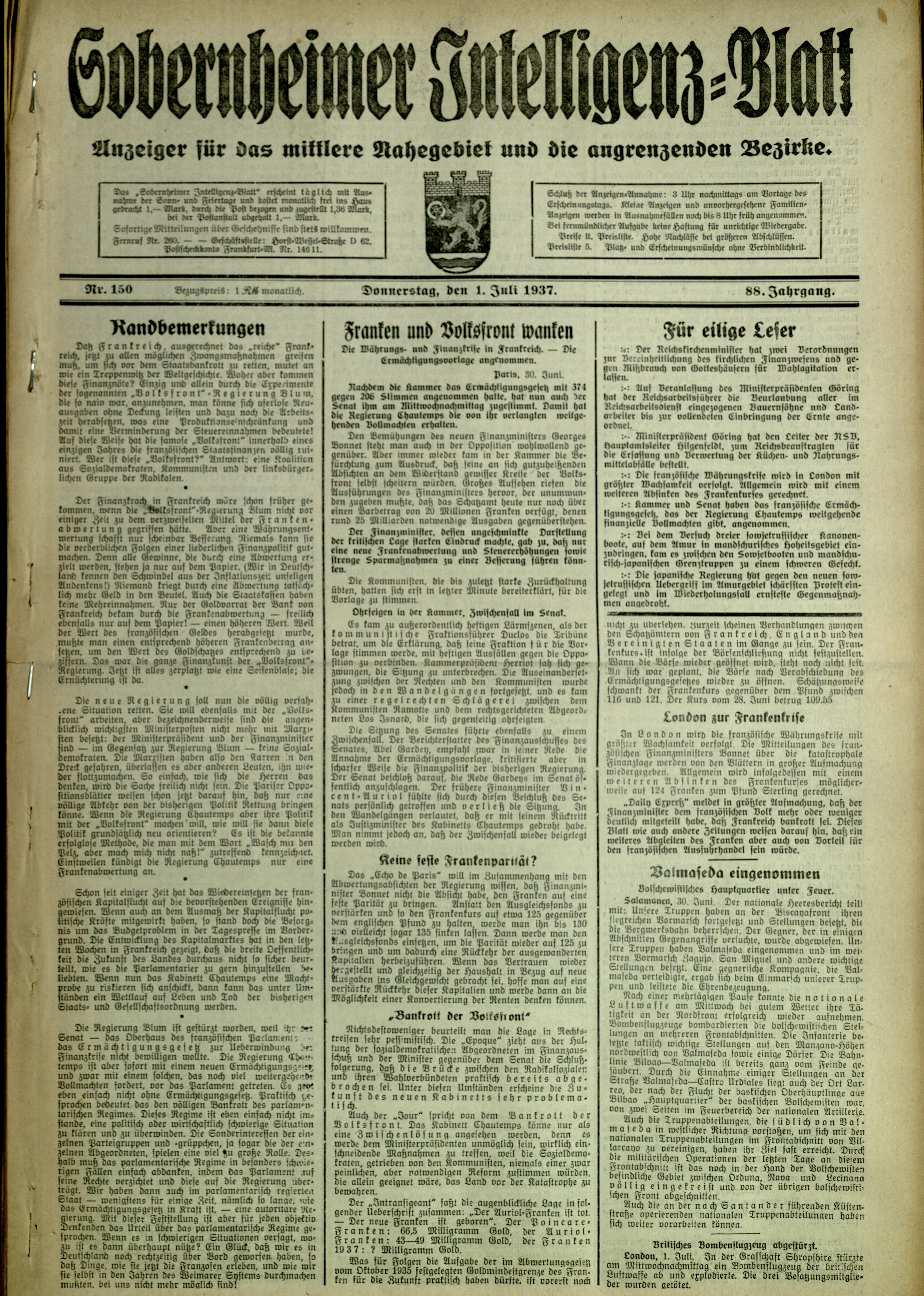 Zeitung: Sobernheimer Intelligenzblatt; Juli 1937, Jg. 88 Nr. 150 (Heimatmuseum Bad Sobernheim CC BY-NC-SA)