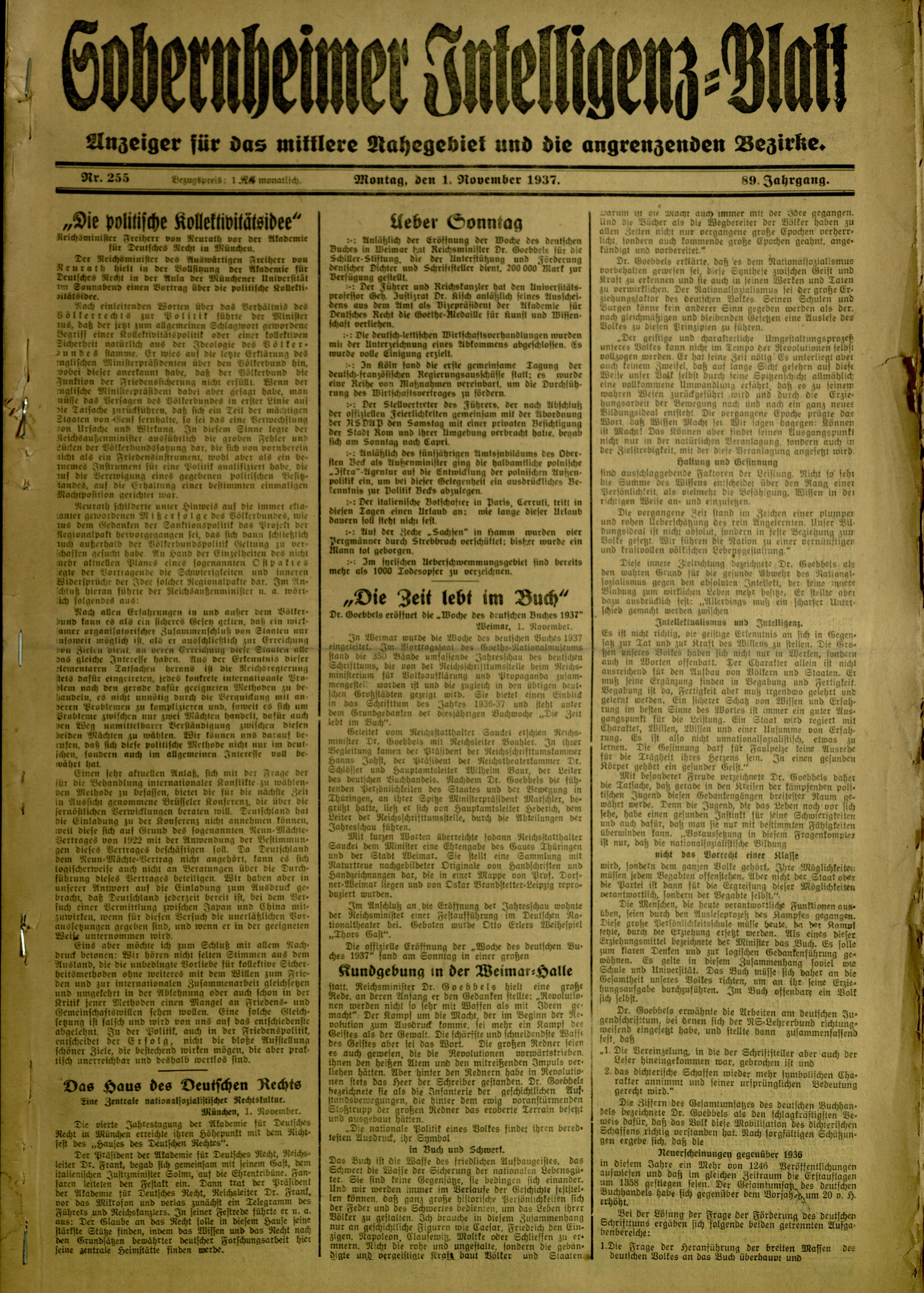 Zeitung: Sobernheimer Intelligenzblatt; November 1937, Jg. 88 Nr. 255 (Heimatmuseum Bad Sobernheim CC BY-NC-SA)