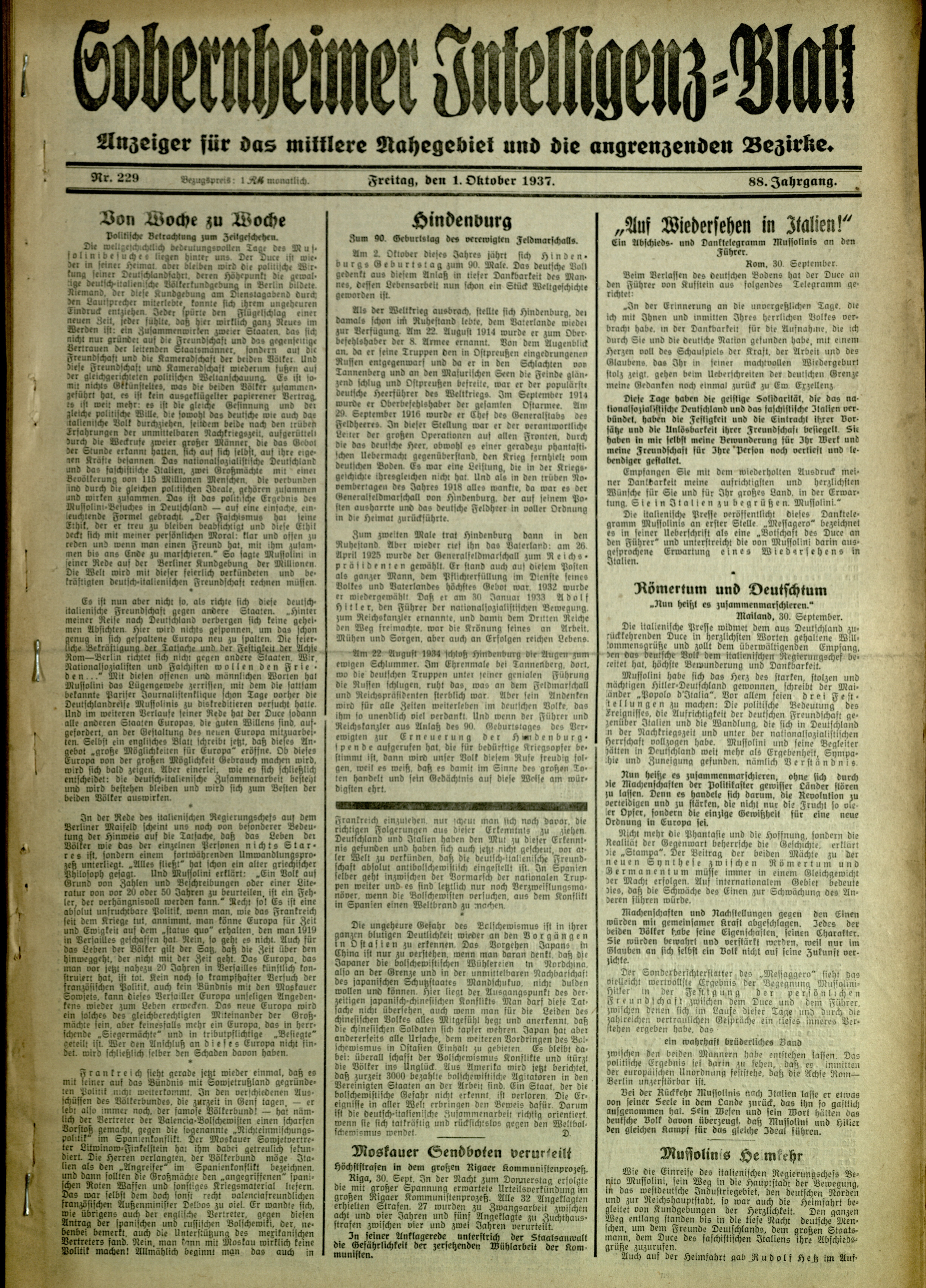 Zeitung: Sobernheimer Intelligenzblatt; Oktober 1937, Jg. 88 Nr. 229 (Heimatmuseum Bad Sobernheim CC BY-NC-SA)