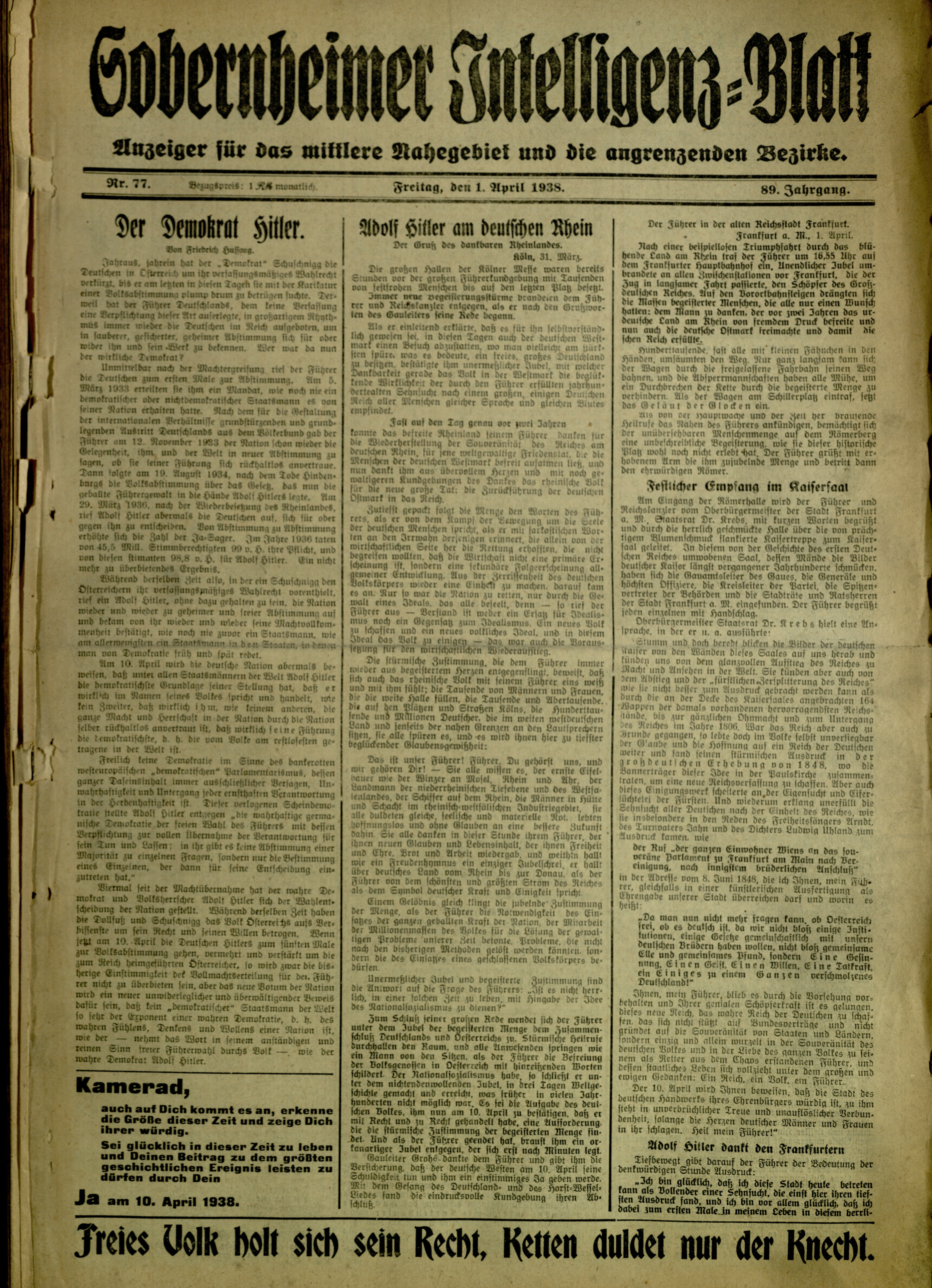 Zeitung: Sobernheimer Intelligenzblatt; April 1938, Jg. 88 Nr. 77 (Heimatmuseum Bad Sobernheim CC BY-NC-SA)