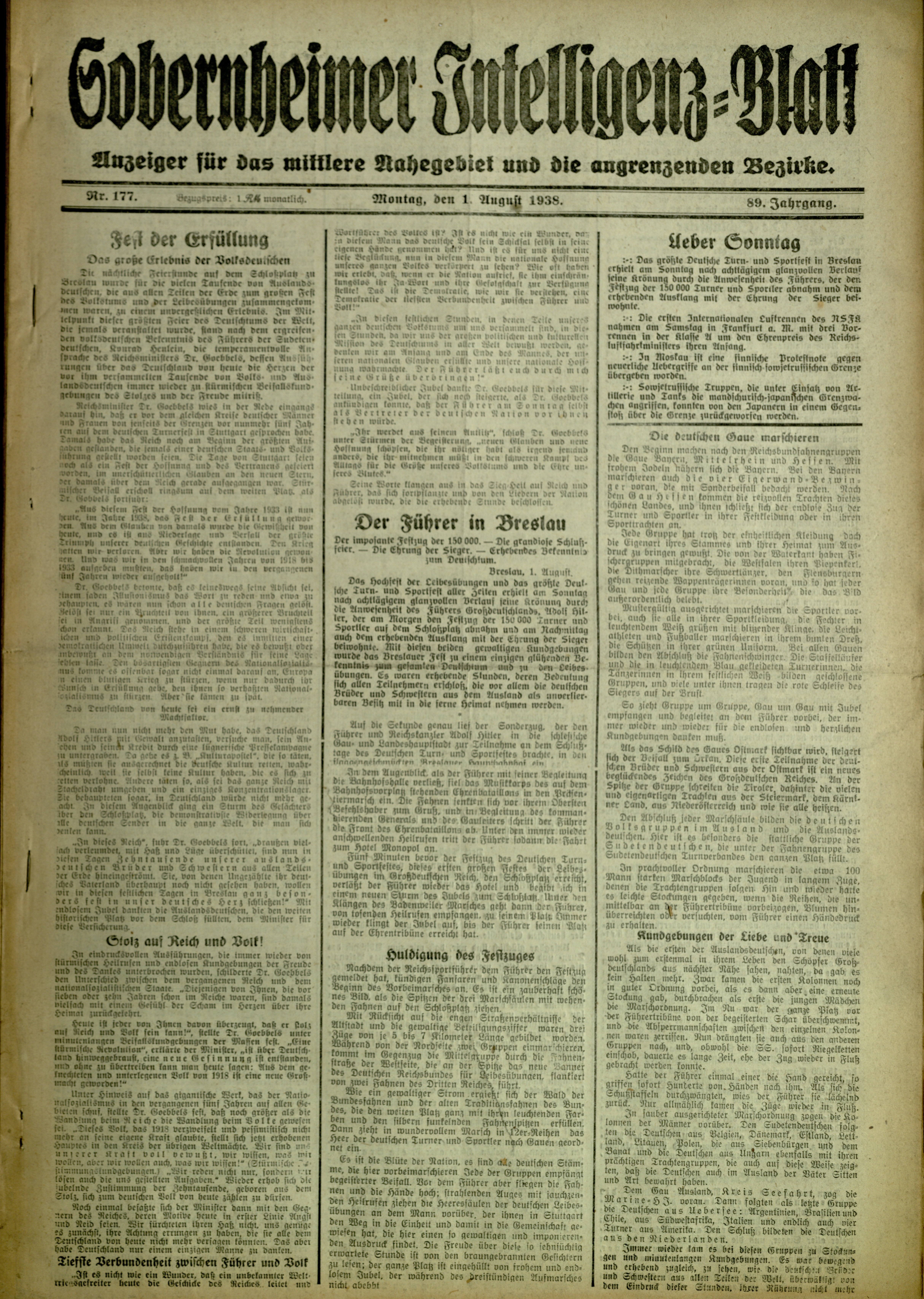 Zeitung: Sobernheimer Intelligenzblatt; August 1938, Jg. 88 Nr. 177 (Heimatmuseum Bad Sobernheim CC BY-NC-SA)