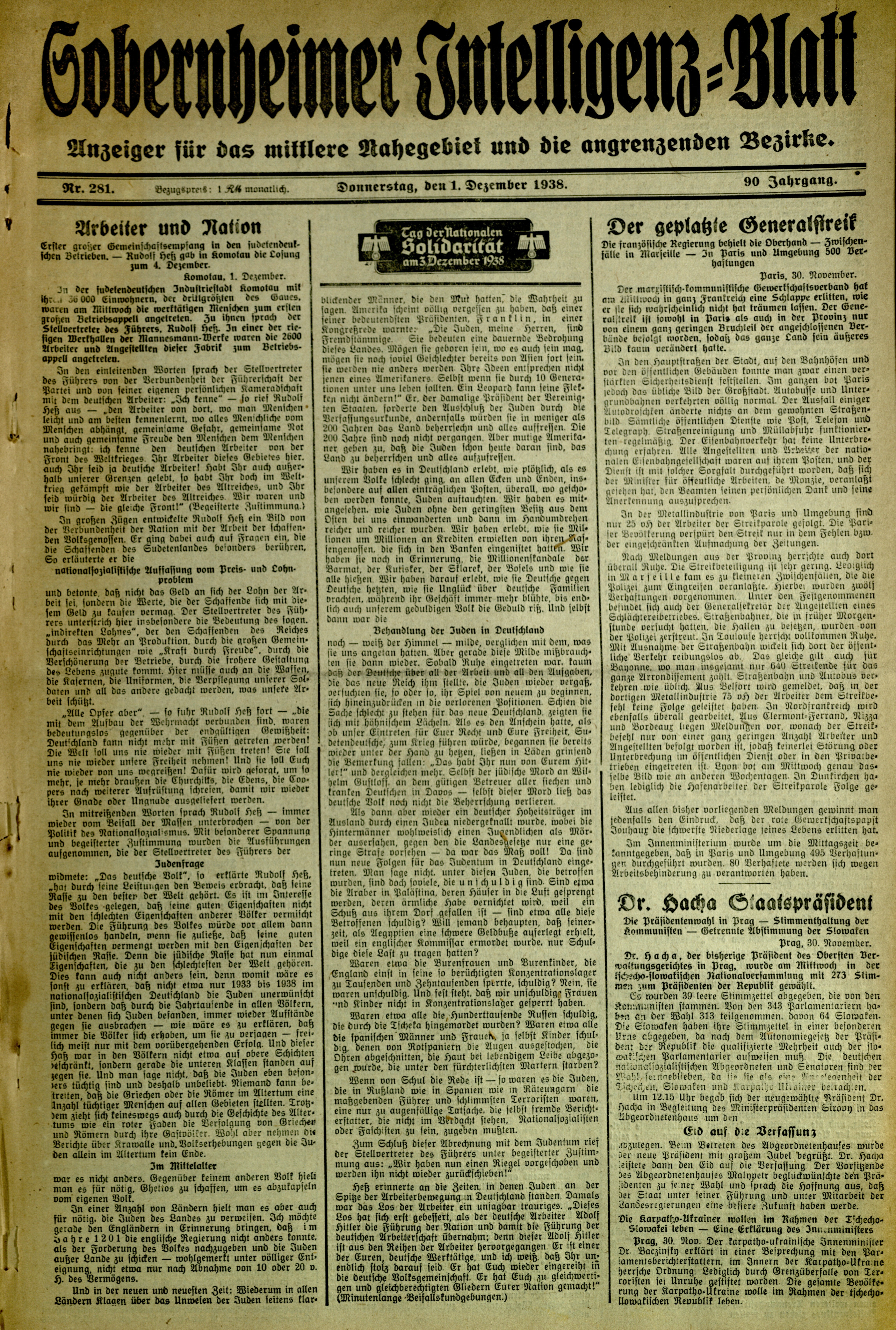Zeitung: Sobernheimer Intelligenzblatt; Dezember 1938, Jg. 88 Nr. 281 (Heimatmuseum Bad Sobernheim CC BY-NC-SA)