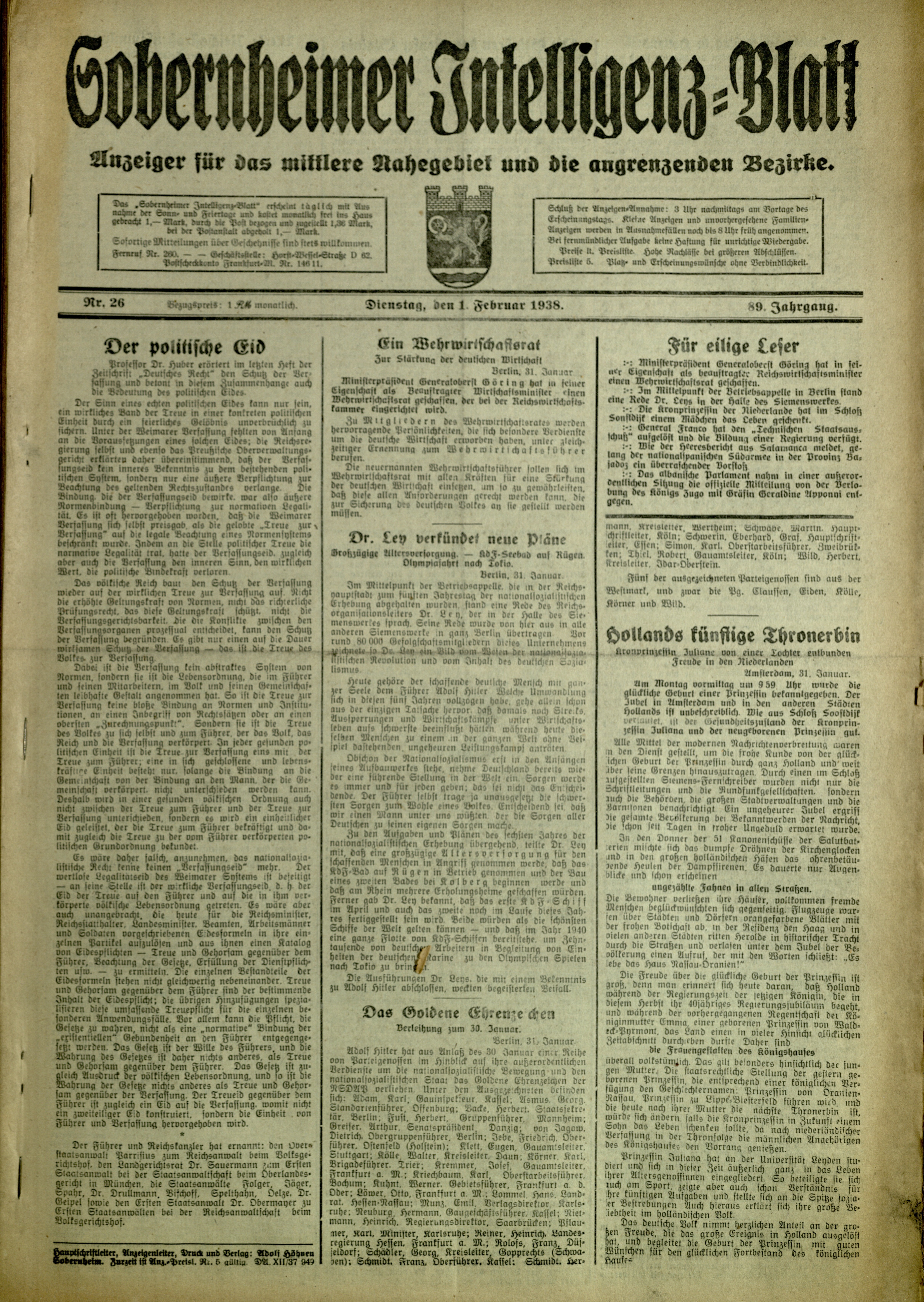 Zeitung: Sobernheimer Intelligenzblatt; Februar 1938, Jg. 88 Nr. 26 (Heimatmuseum Bad Sobernheim CC BY-NC-SA)