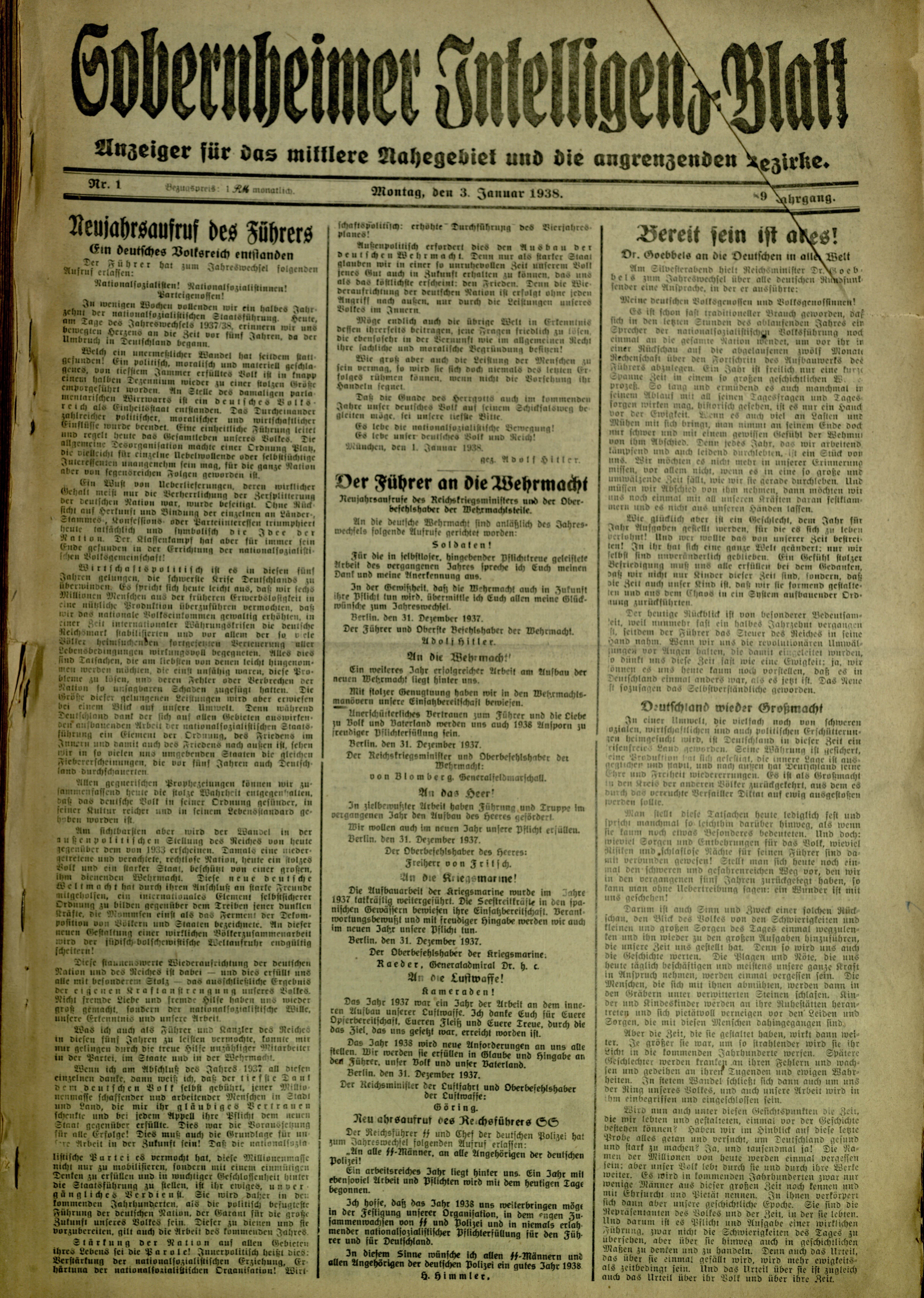 Zeitung: Sobernheimer Intelligenzblatt; Januar 1938, Jg. 88 Nr. 1 (Heimatmuseum Bad Sobernheim CC BY-NC-SA)