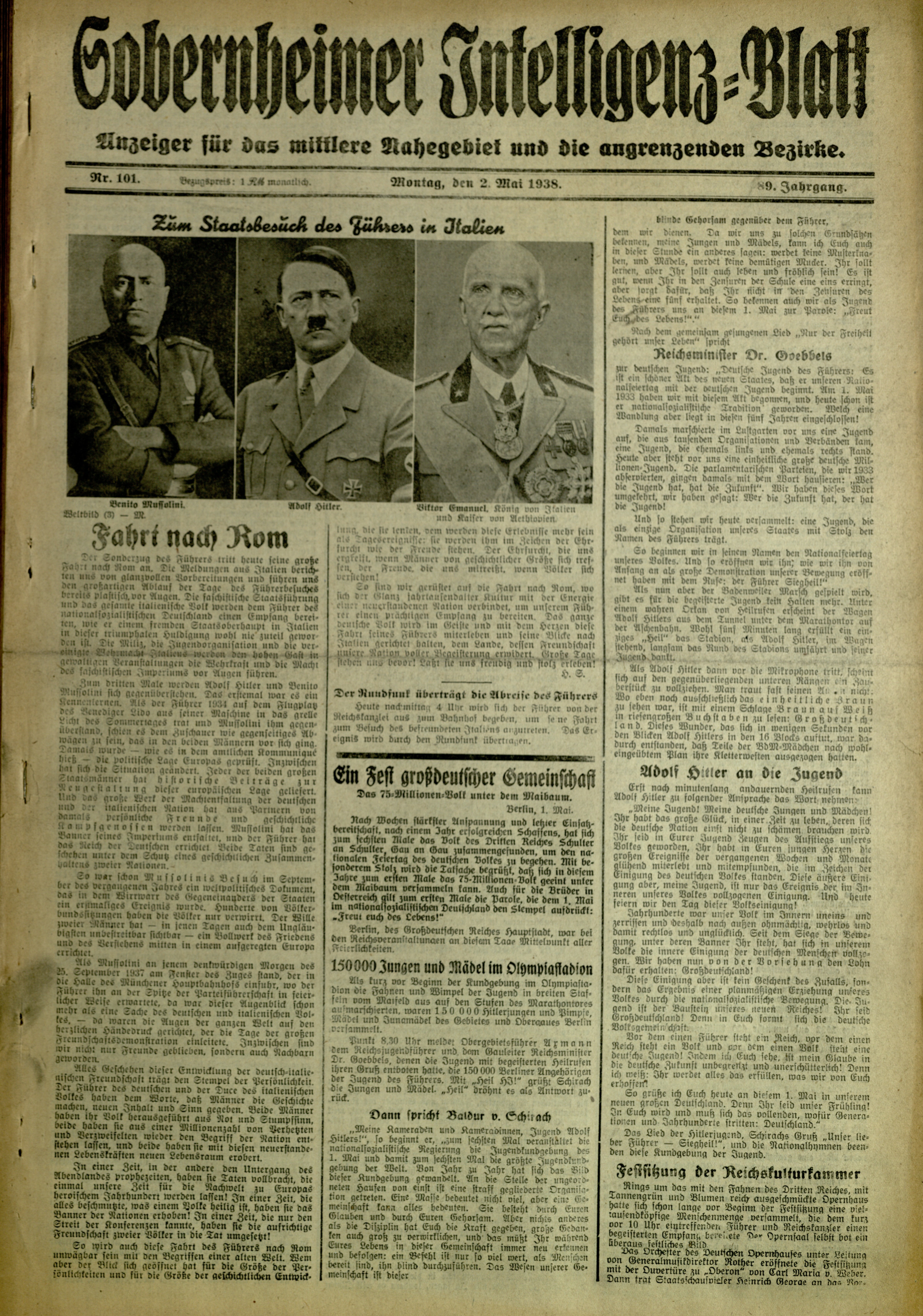 Zeitung: Sobernheimer Intelligenzblatt; Mai 1938, Jg. 88 Nr. 101 (Heimatmuseum Bad Sobernheim CC BY-NC-SA)