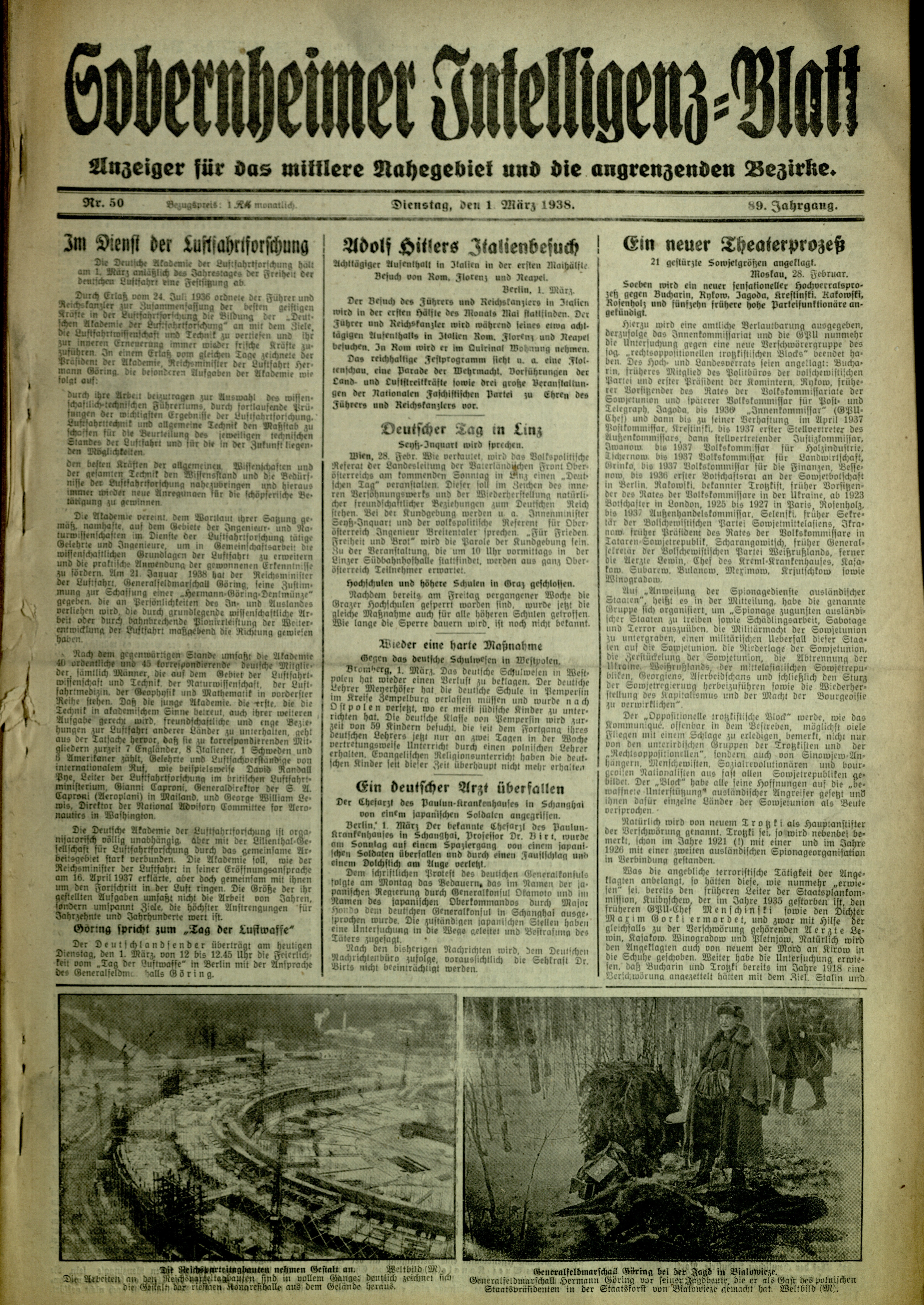 Zeitung: Sobernheimer Intelligenzblatt; März 1938, Jg. 88 Nr. 50 (Heimatmuseum Bad Sobernheim CC BY-NC-SA)