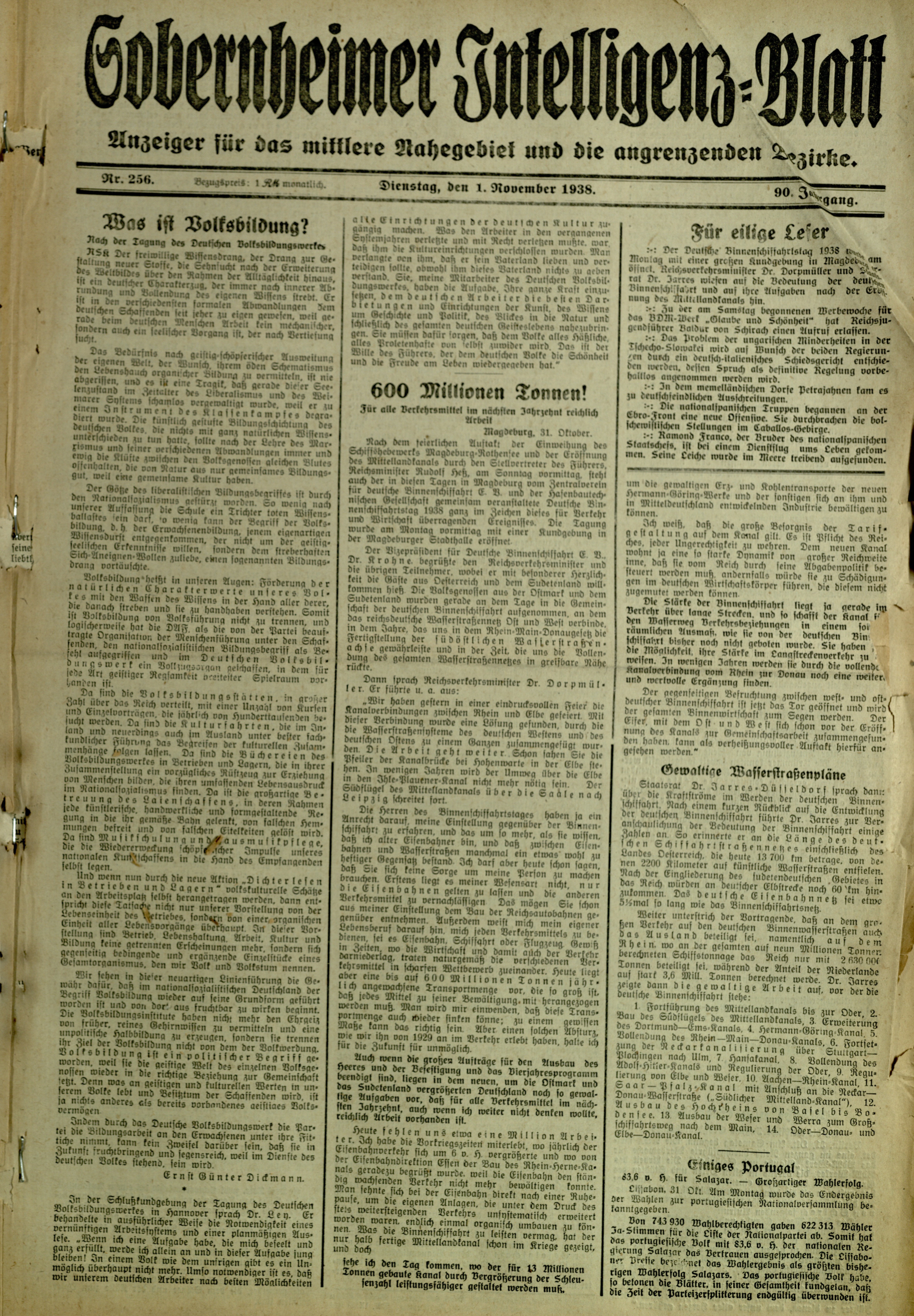 Zeitung: Sobernheimer Intelligenzblatt; November 1938, Jg. 88 Nr. 256 (Heimatmuseum Bad Sobernheim CC BY-NC-SA)