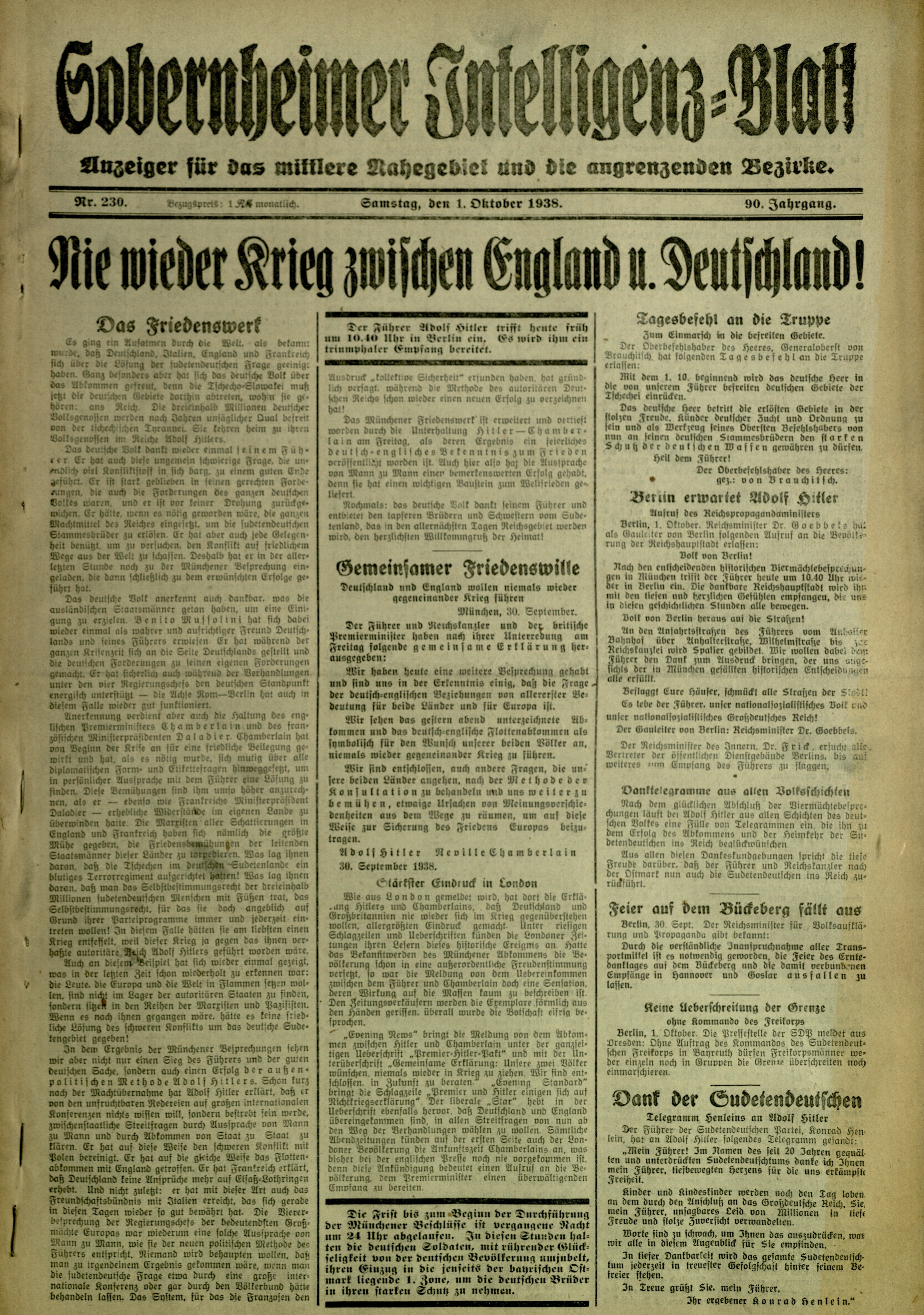 Zeitung: Sobernheimer Intelligenzblatt; Oktober 1938, Jg. 88 Nr. 230 (Heimatmuseum Bad Sobernheim CC BY-NC-SA)