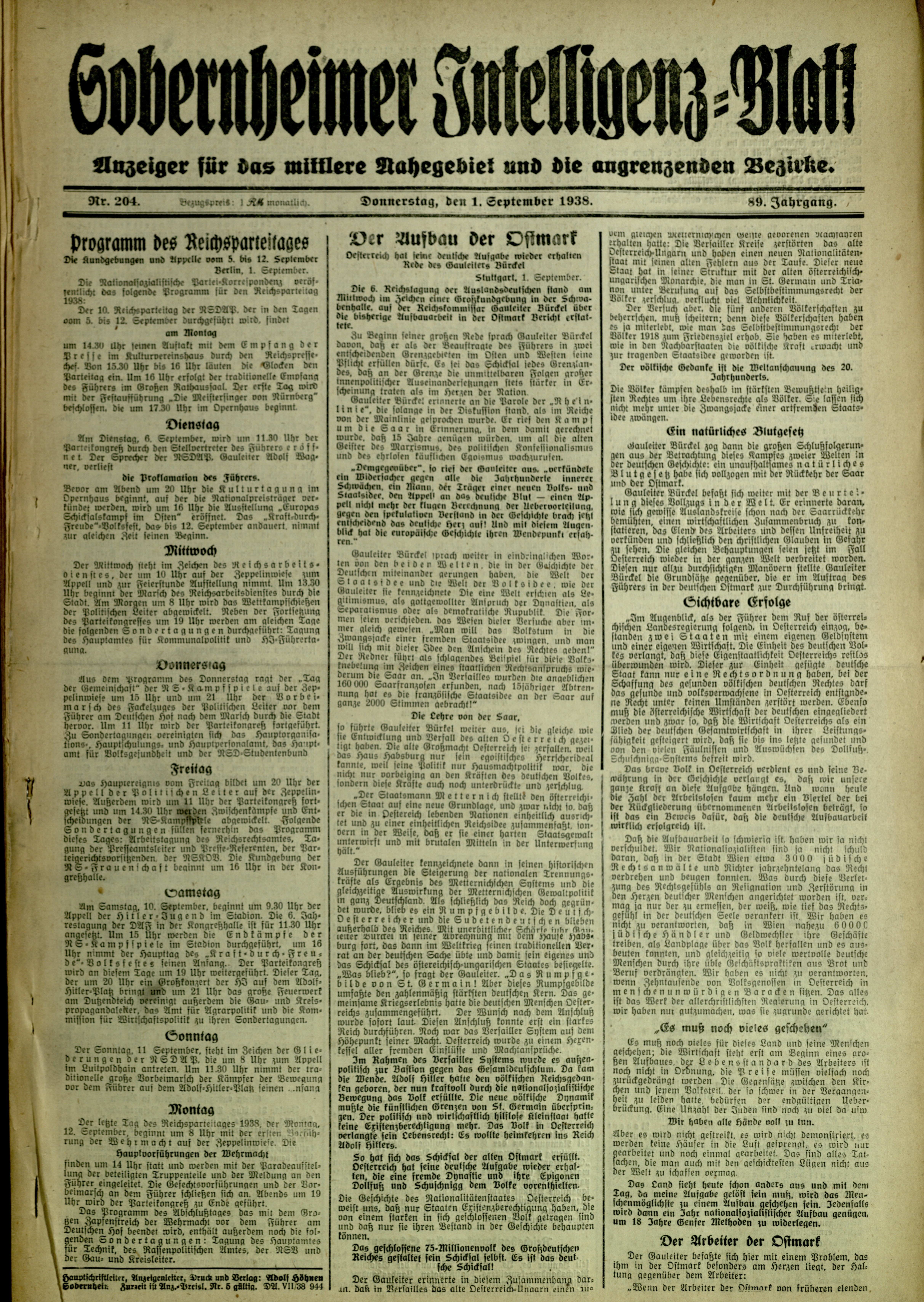 Zeitung: Sobernheimer Intelligenzblatt; September 1938, Jg. 88 Nr. 204 (Heimatmuseum Bad Sobernheim CC BY-NC-SA)