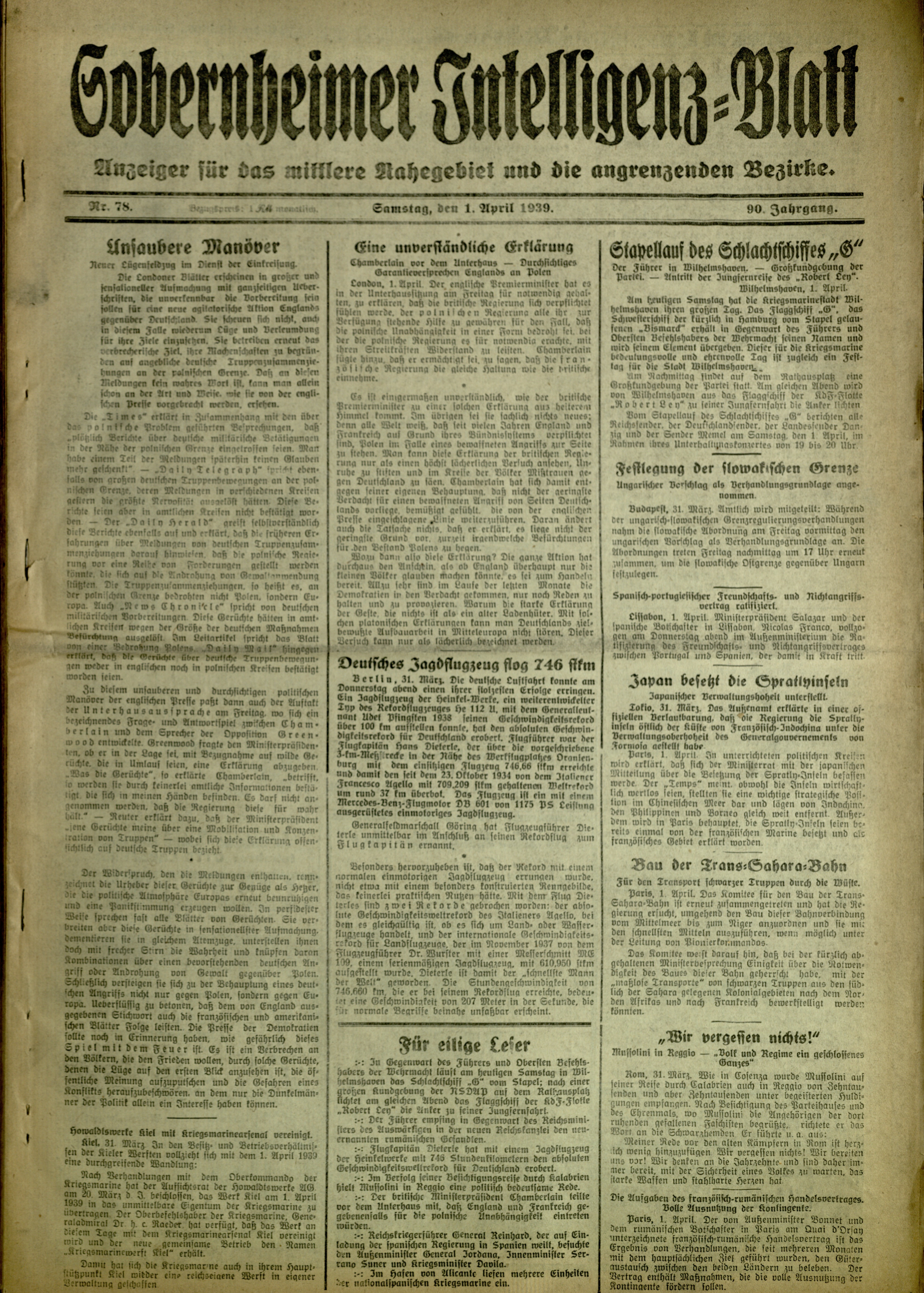 Zeitung: Sobernheimer Intelligenzblatt; April 1939, Jg. 90 Nr. 78 (Heimatmuseum Bad Sobernheim CC BY-NC-SA)