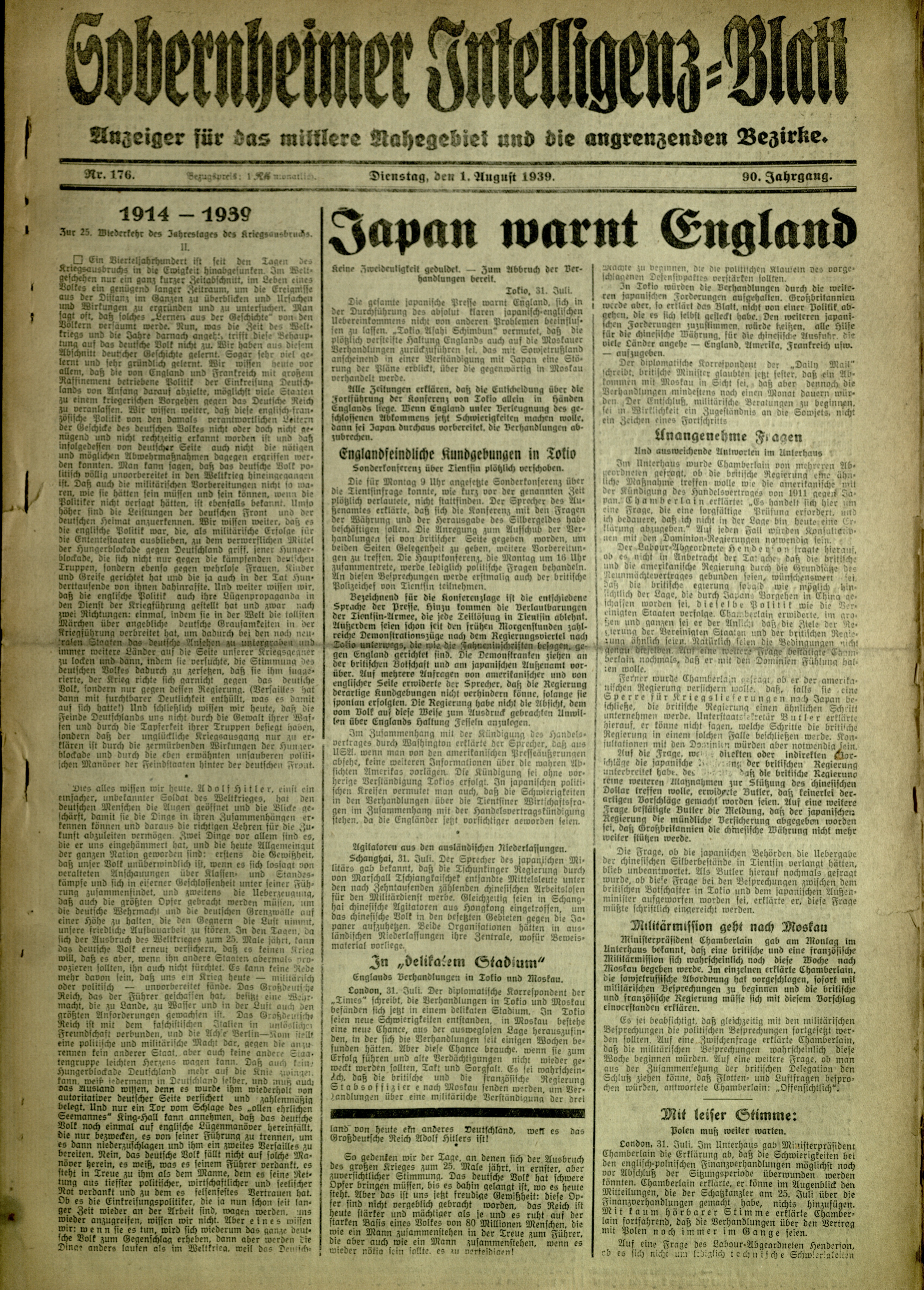 Zeitung: Sobernheimer Intelligenzblatt; August 1939, Jg. 90 Nr. 176 (Heimatmuseum Bad Sobernheim CC BY-NC-SA)