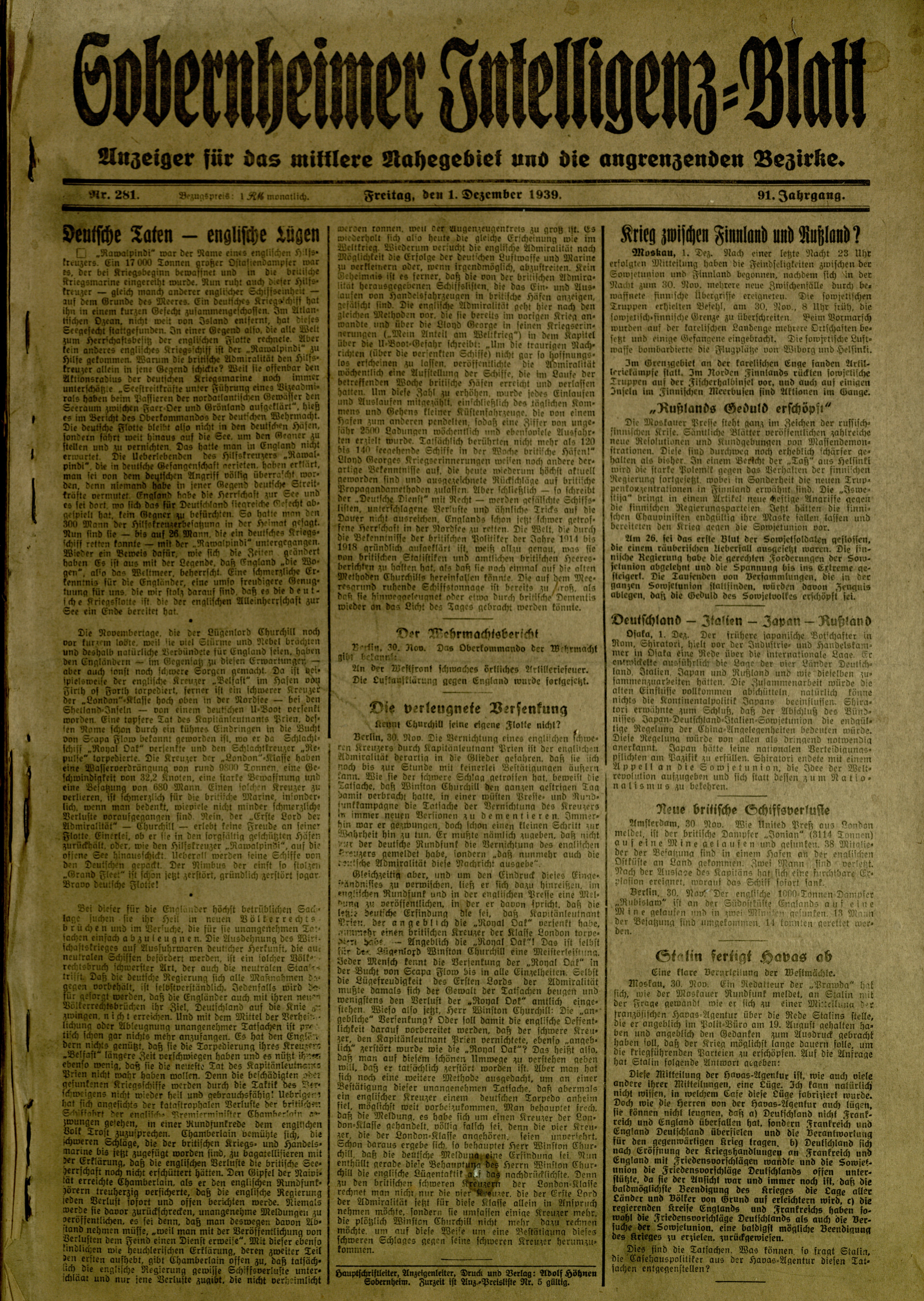 Zeitung: Sobernheimer Intelligenzblatt; Dezember 1939, Jg. 91 Nr. 281 (Heimatmuseum Bad Sobernheim CC BY-NC-SA)