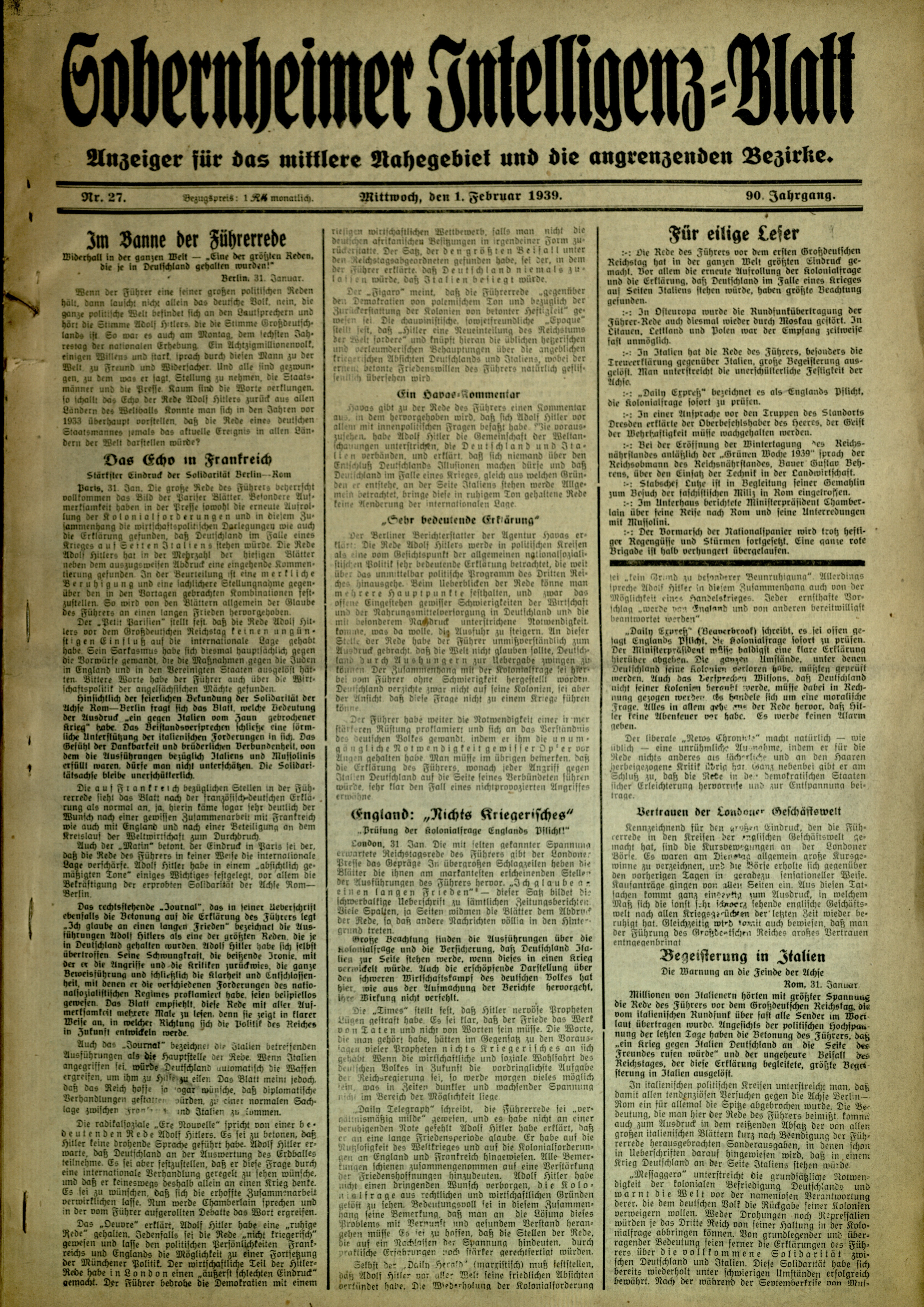 Zeitung: Sobernheimer Intelligenzblatt; Februar 1939, Jg. 90 Nr. 27 (Heimatmuseum Bad Sobernheim CC BY-NC-SA)
