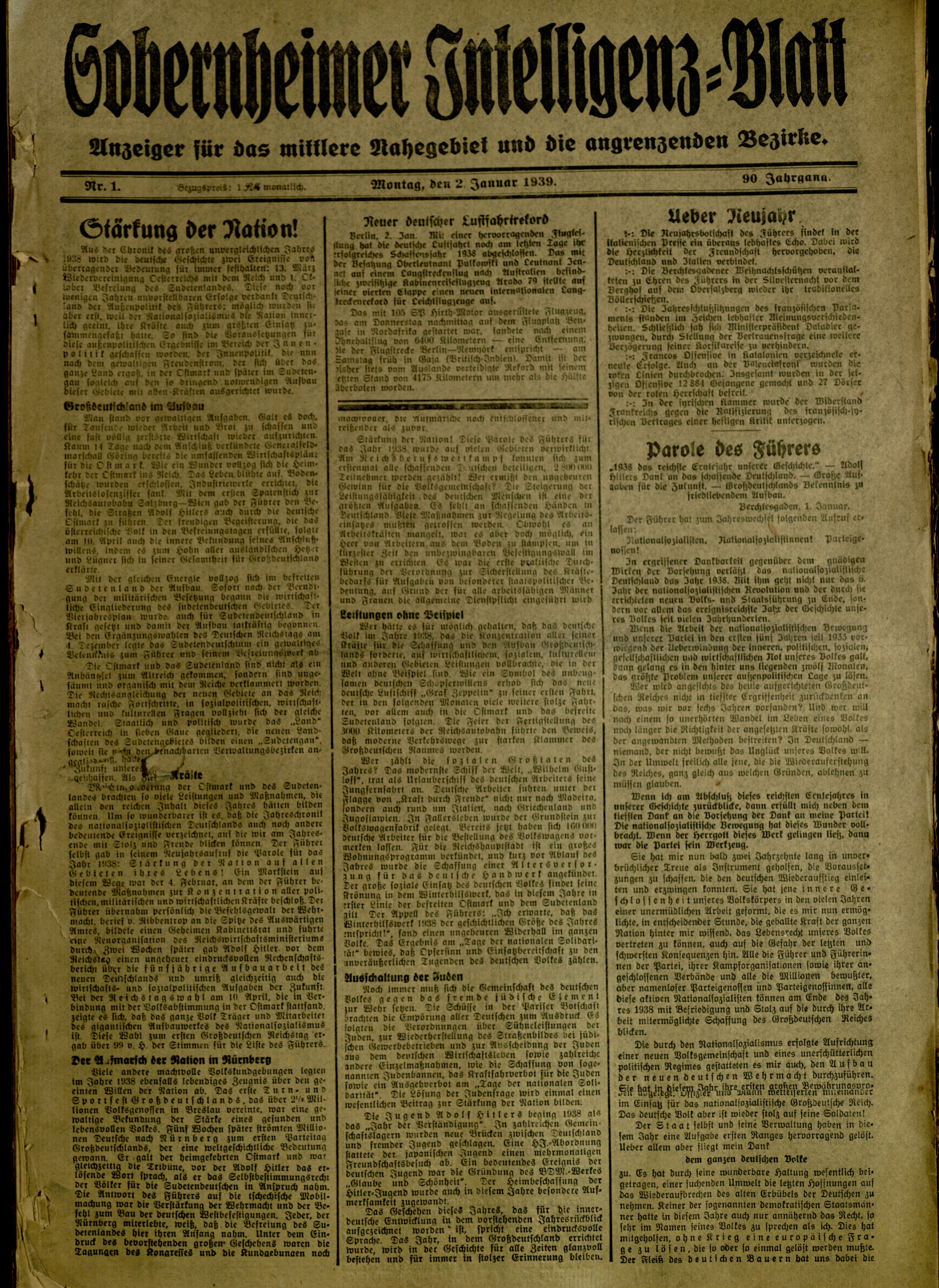 Zeitung: Sobernheimer Intelligenzblatt; Januar 1939, Jg. 90 Nr. 1 (Heimatmuseum Bad Sobernheim CC BY-NC-SA)