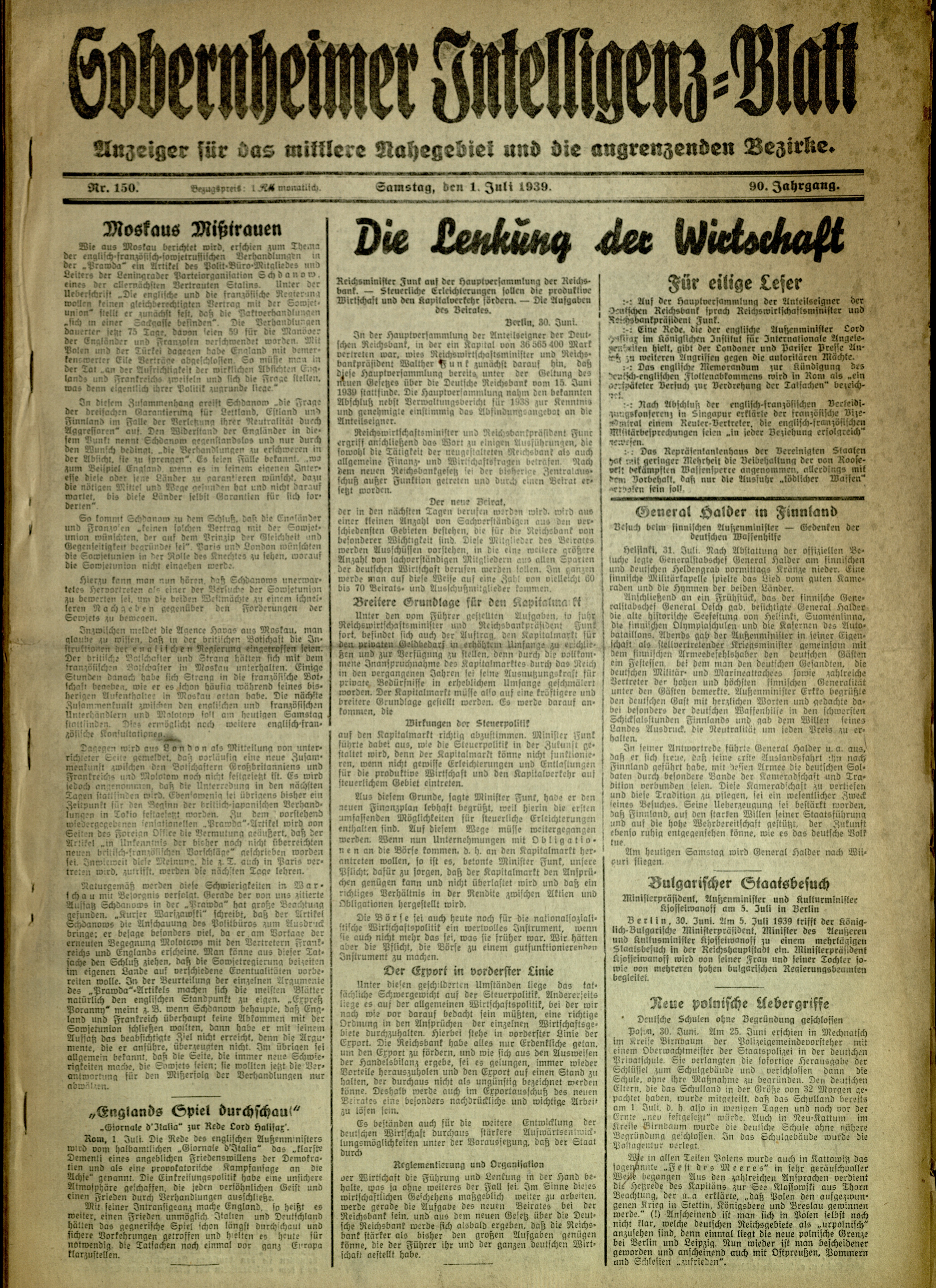 Zeitung: Sobernheimer Intelligenzblatt; Juli 1939, Jg. 90 Nr. 150 (Heimatmuseum Bad Sobernheim CC BY-NC-SA)
