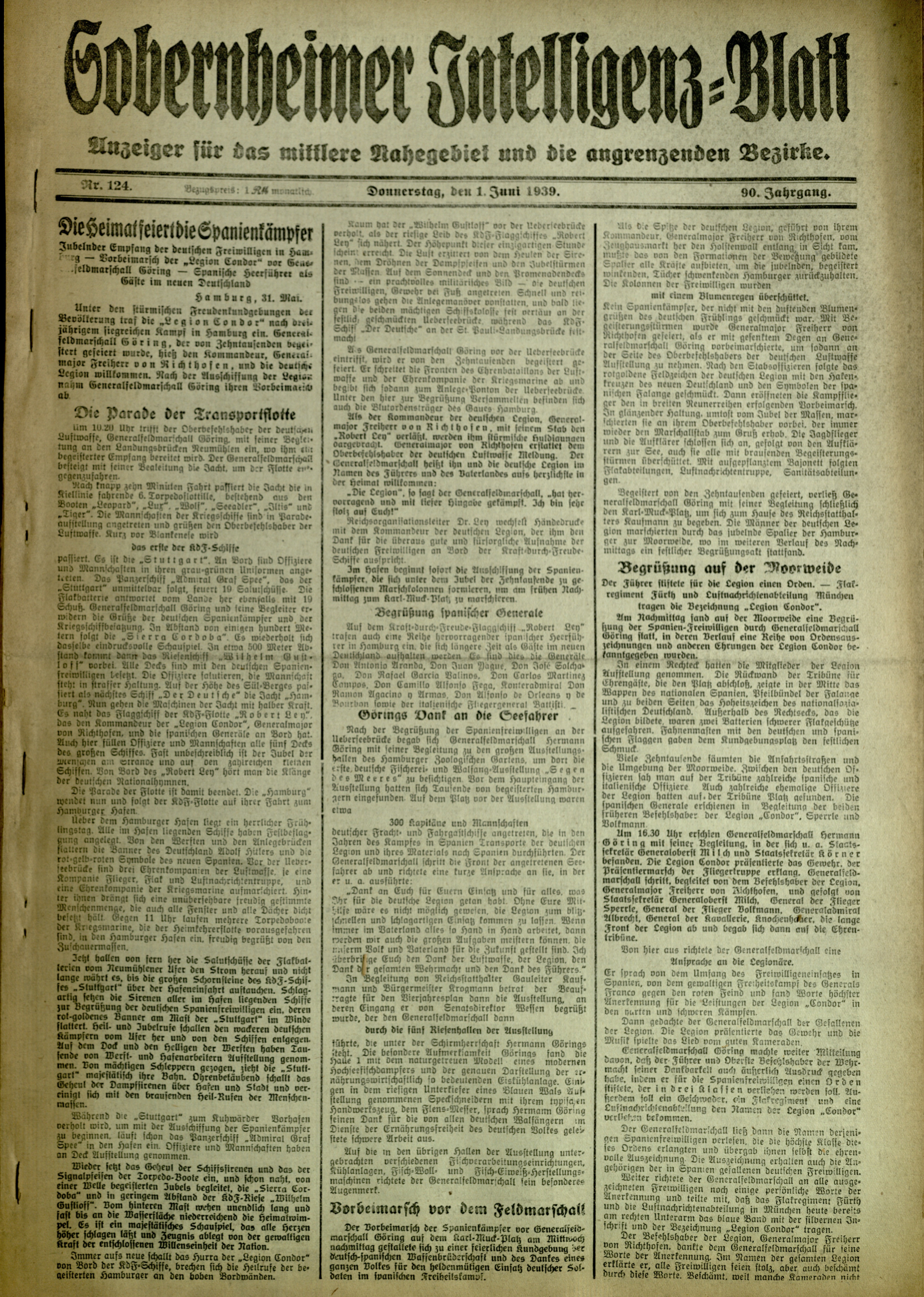 Zeitung: Sobernheimer Intelligenzblatt; Juni 1939, Jg. 90 Nr. 124 (Heimatmuseum Bad Sobernheim CC BY-NC-SA)