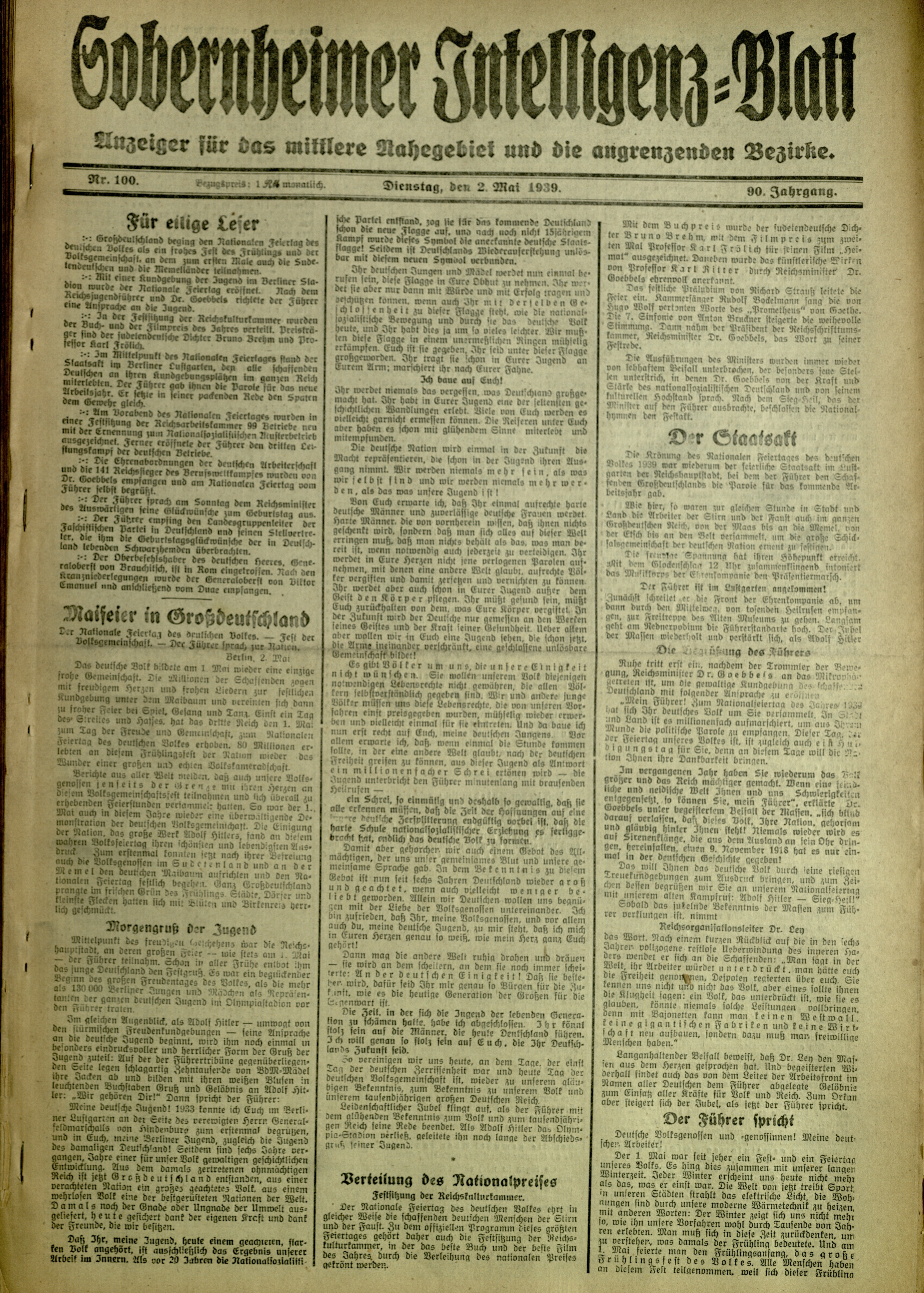 Zeitung: Sobernheimer Intelligenzblatt; Mai 1939, Jg. 90 Nr. 100 (Heimatmuseum Bad Sobernheim CC BY-NC-SA)