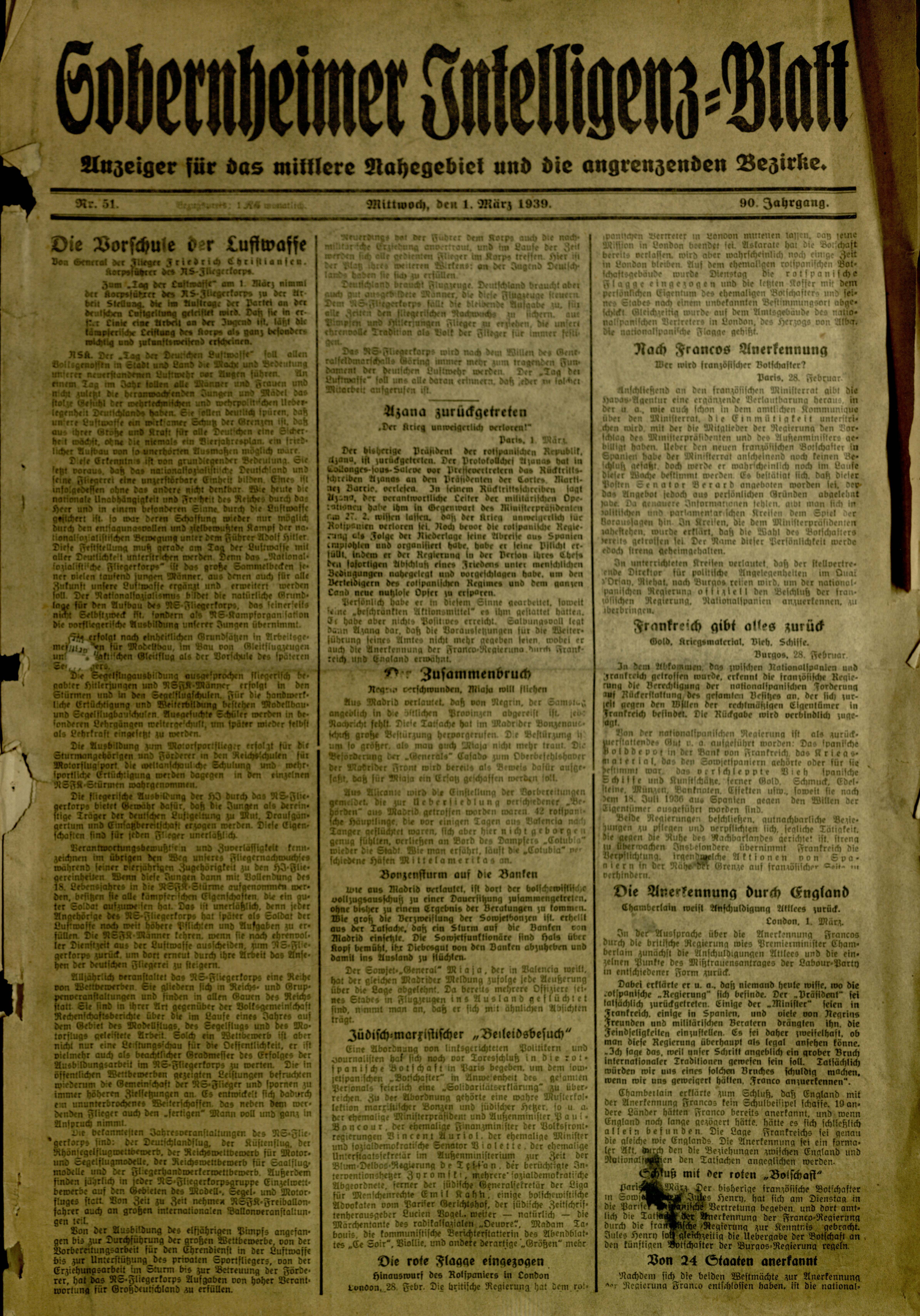 Zeitung: Sobernheimer Intelligenzblatt; März 1939, Jg. 90 Nr. 51 (Heimatmuseum Bad Sobernheim CC BY-NC-SA)