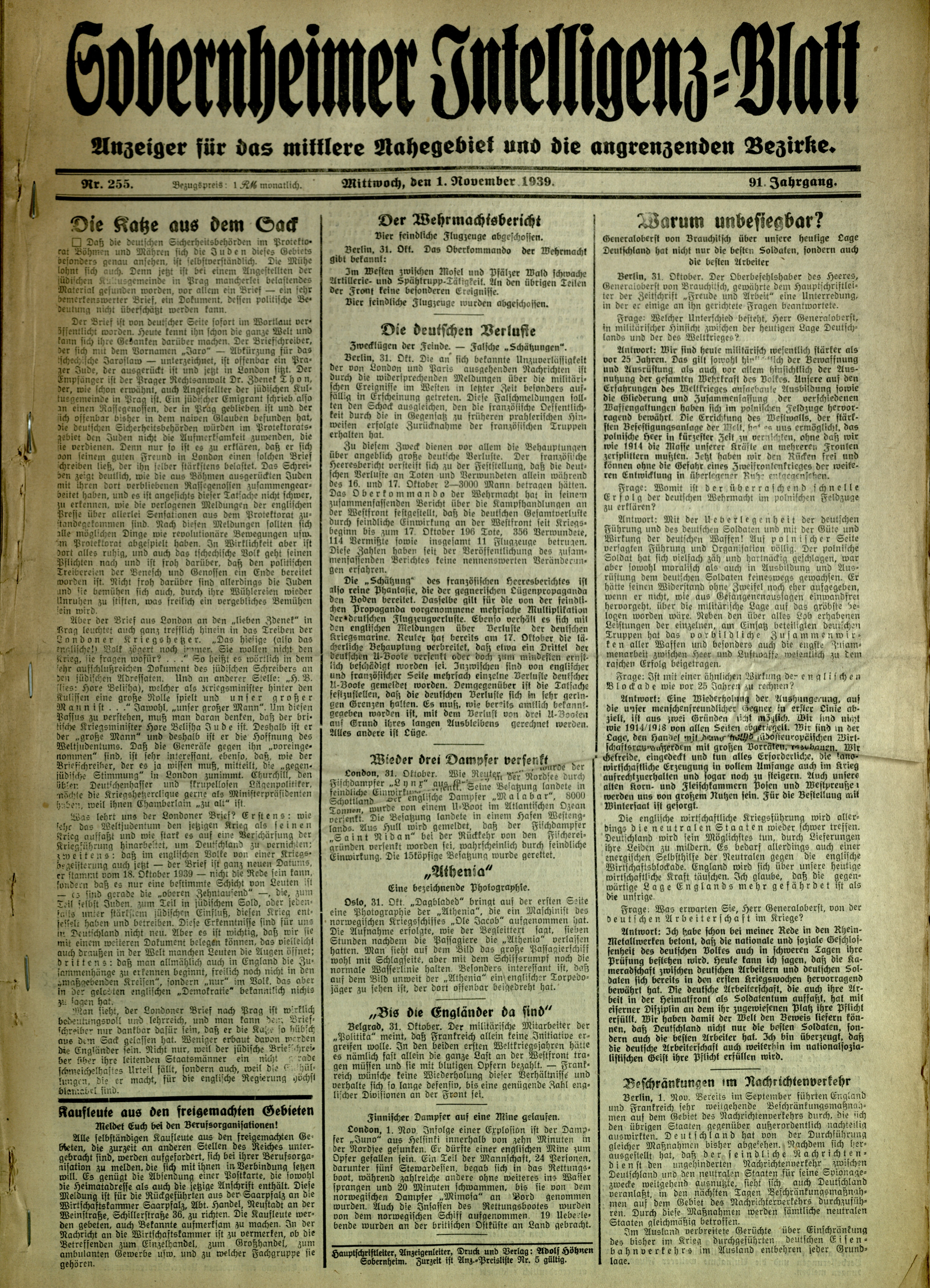 Zeitung: Sobernheimer Intelligenzblatt; November 1939, Jg. 90 Nr. 255 (Heimatmuseum Bad Sobernheim CC BY-NC-SA)