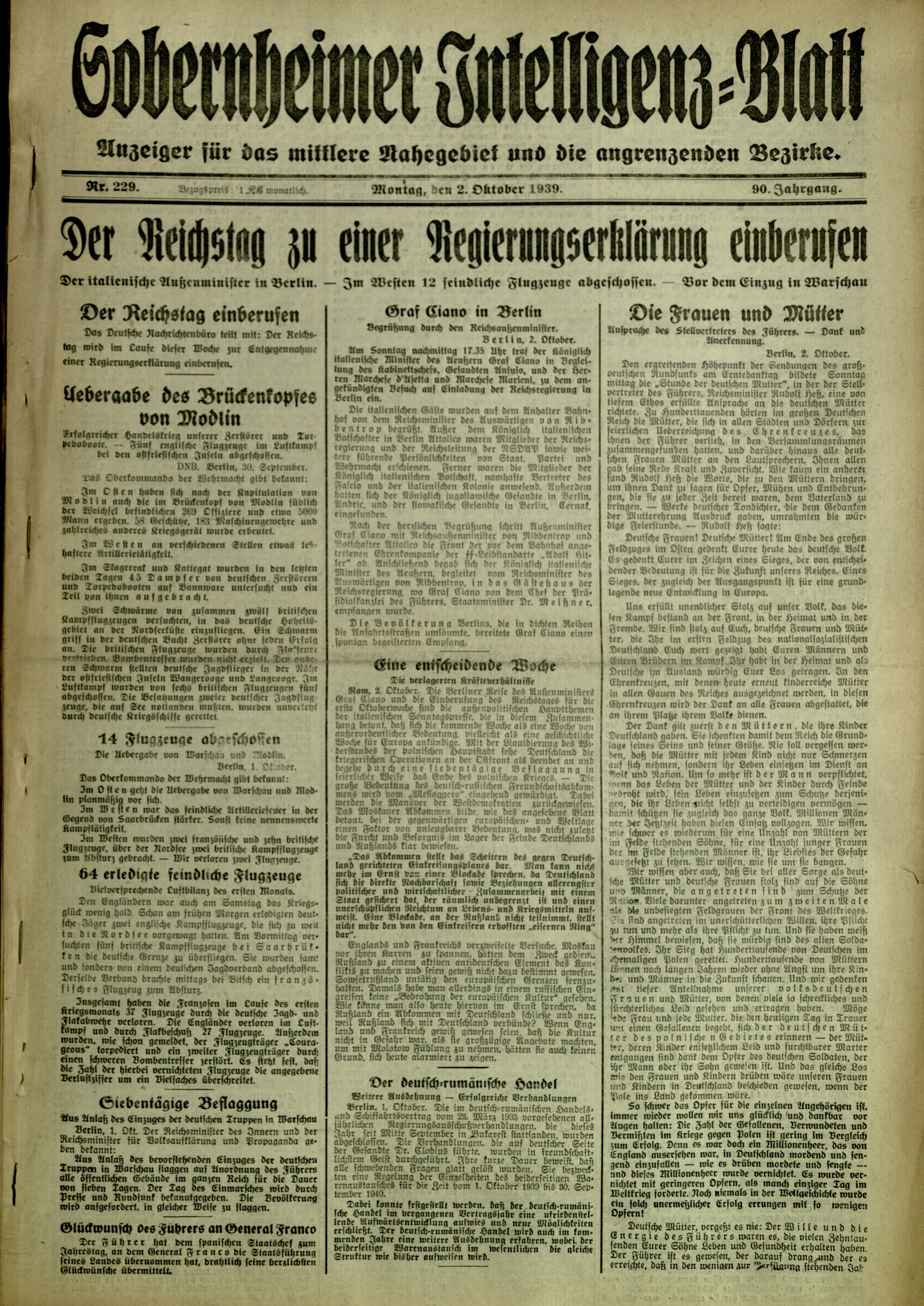 Zeitung: Sobernheimer Intelligenzblatt; Oktober 1939, Jg. 90 Nr. 229 (Heimatmuseum Bad Sobernheim CC BY-NC-SA)