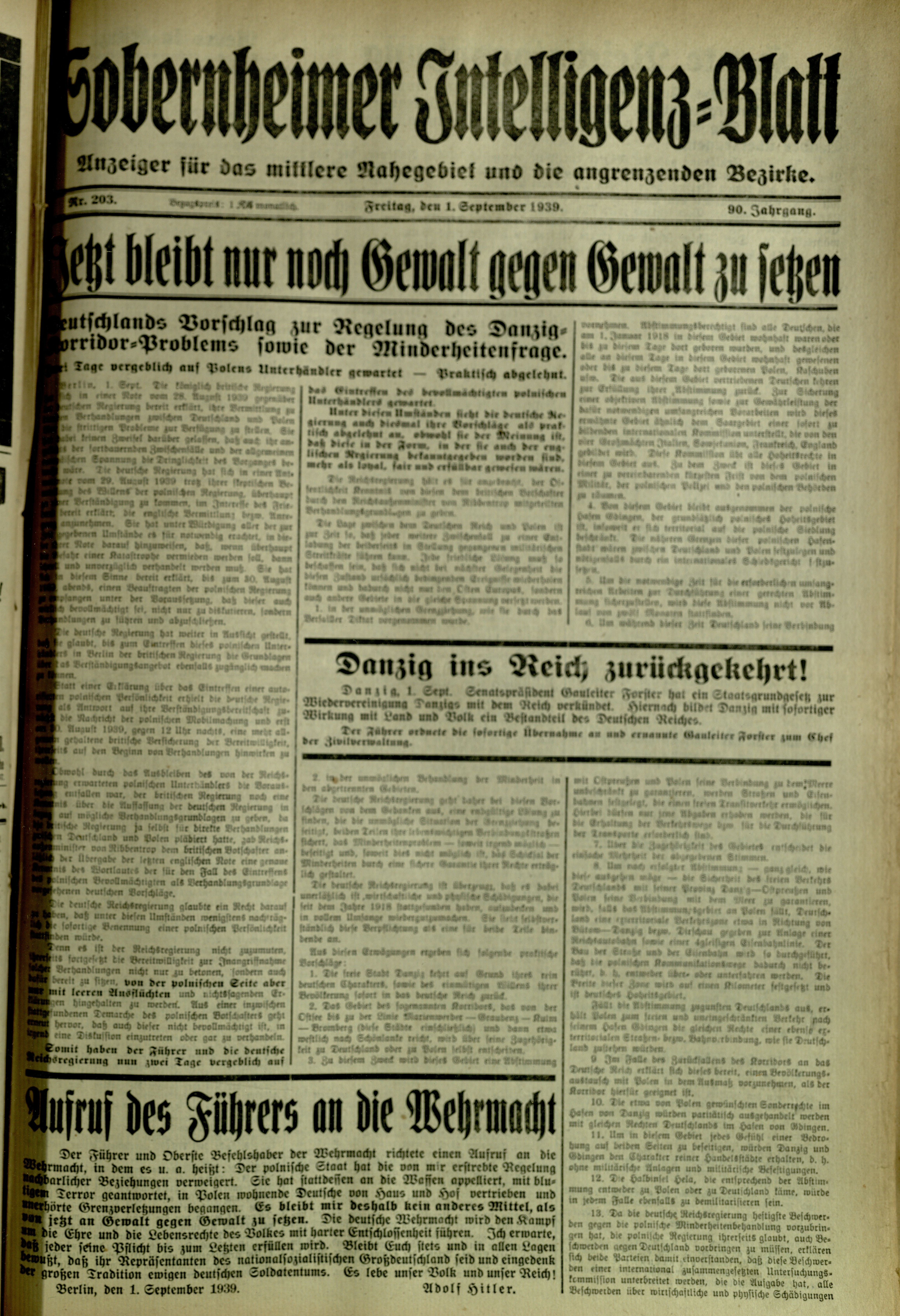 Zeitung: Sobernheimer Intelligenzblatt; September 1939, Jg. 90 Nr. 203 (Heimatmuseum Bad Sobernheim CC BY-NC-SA)