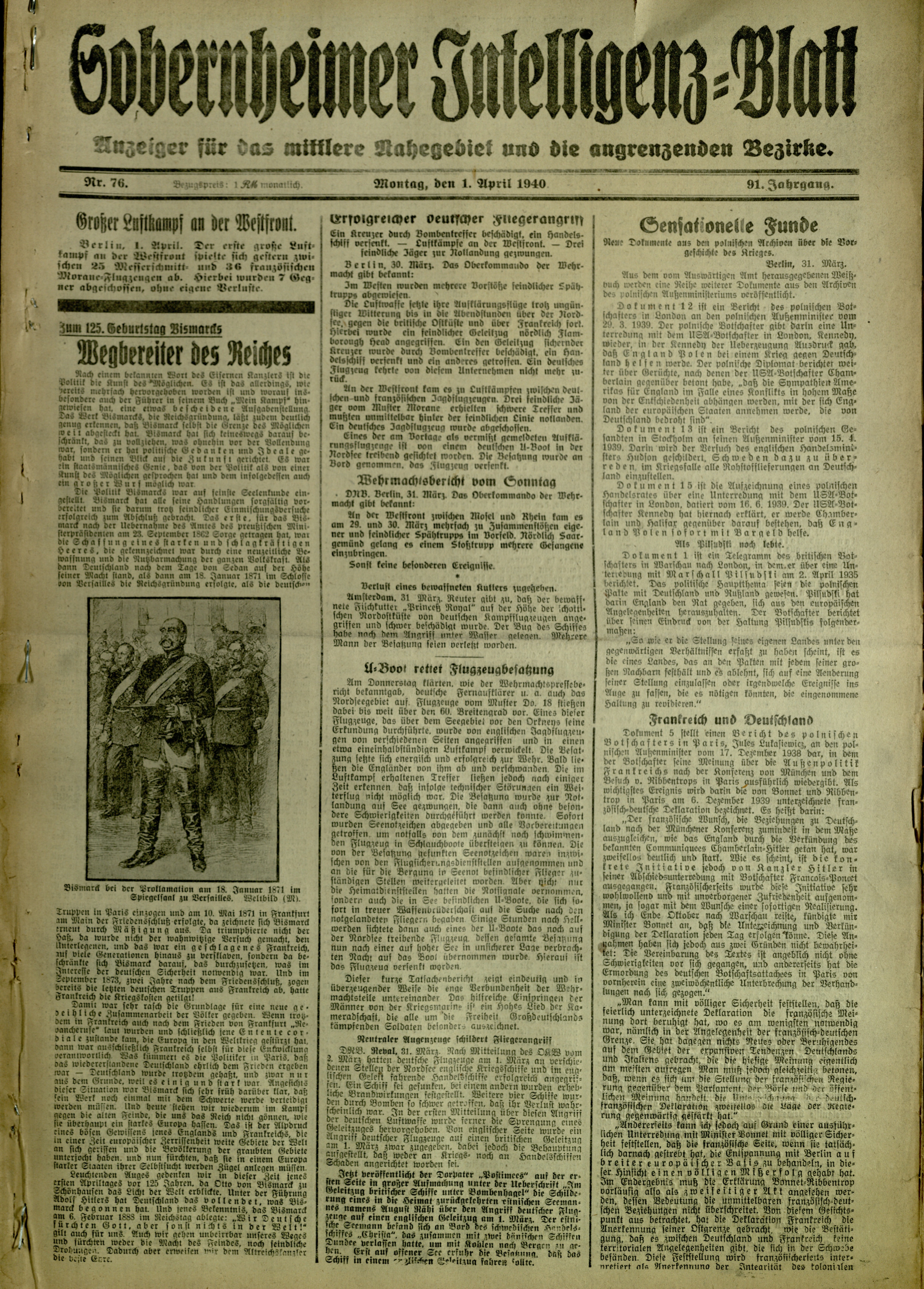 Zeitung: Sobernheimer Intelligenzblatt; April 1940, Jg. 91 Nr. 76 (Heimatmuseum Bad Sobernheim CC BY-NC-SA)