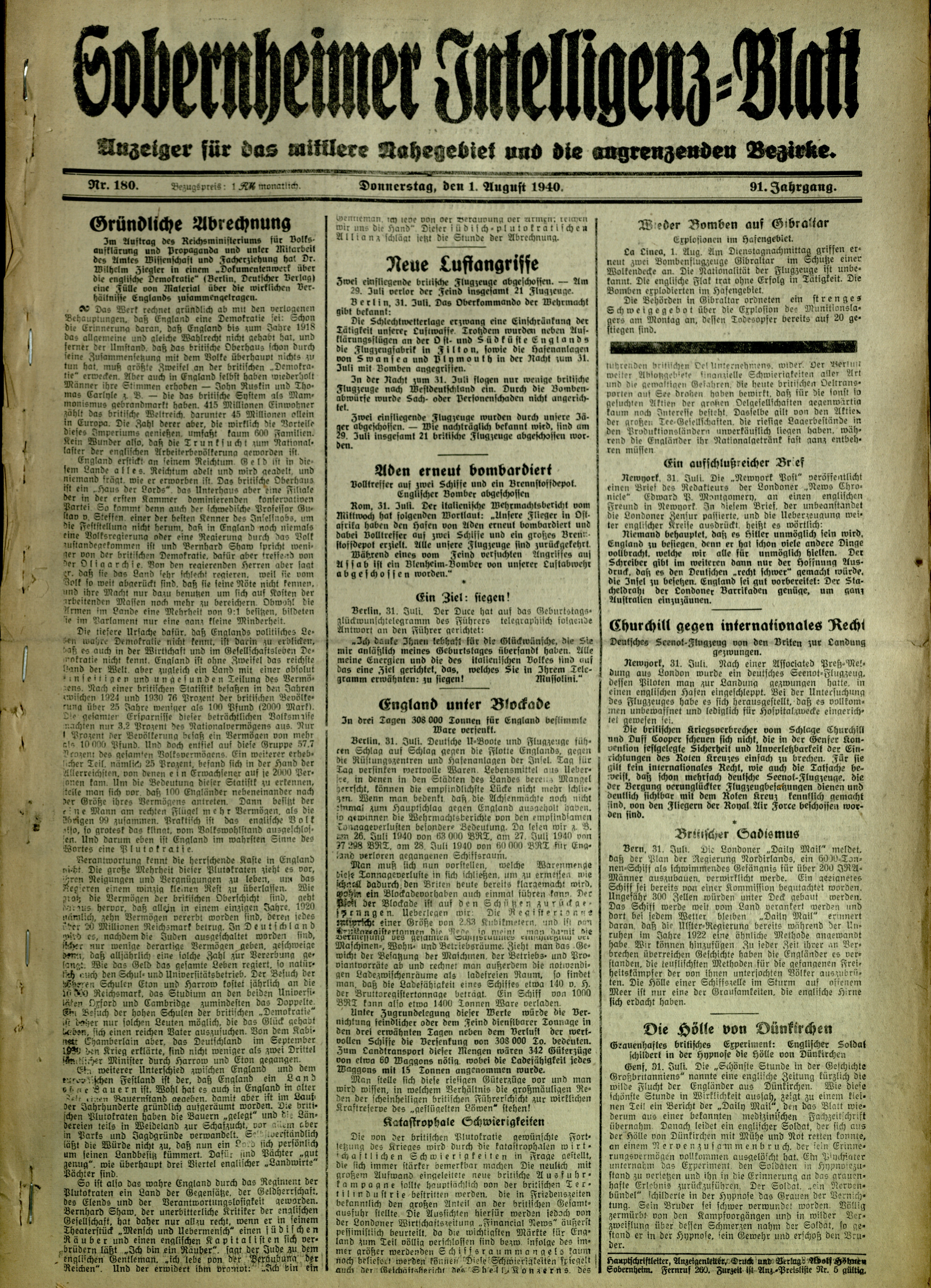 Zeitung: Sobernheimer Intelligenzblatt; August 1940, Jg. 91 Nr. 180 (Heimatmuseum Bad Sobernheim CC BY-NC-SA)