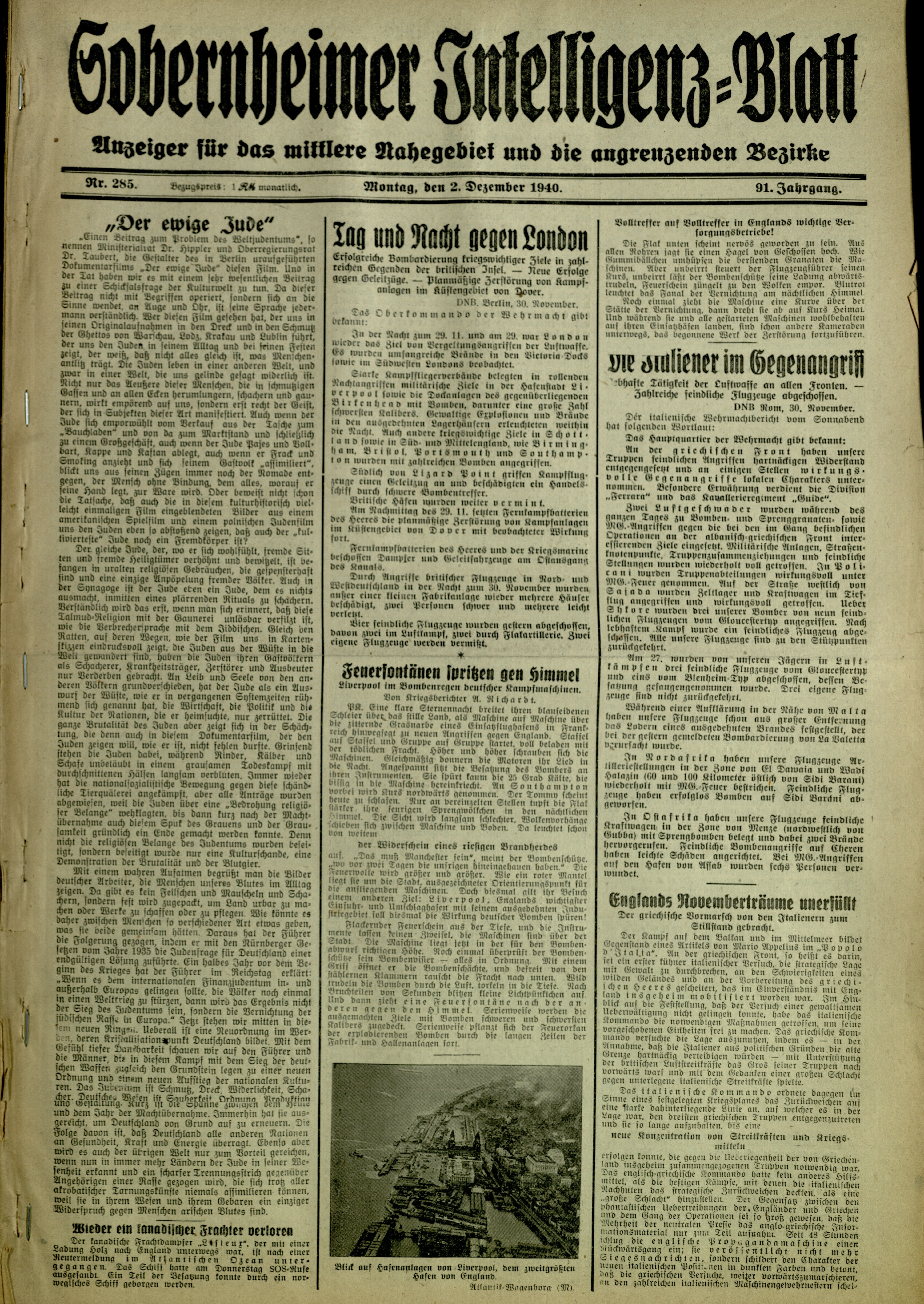 Zeitung: Sobernheimer Intelligenzblatt; Dezember 1940, Jg. 91 Nr. 245 (Heimatmuseum Bad Sobernheim CC BY-NC-SA)