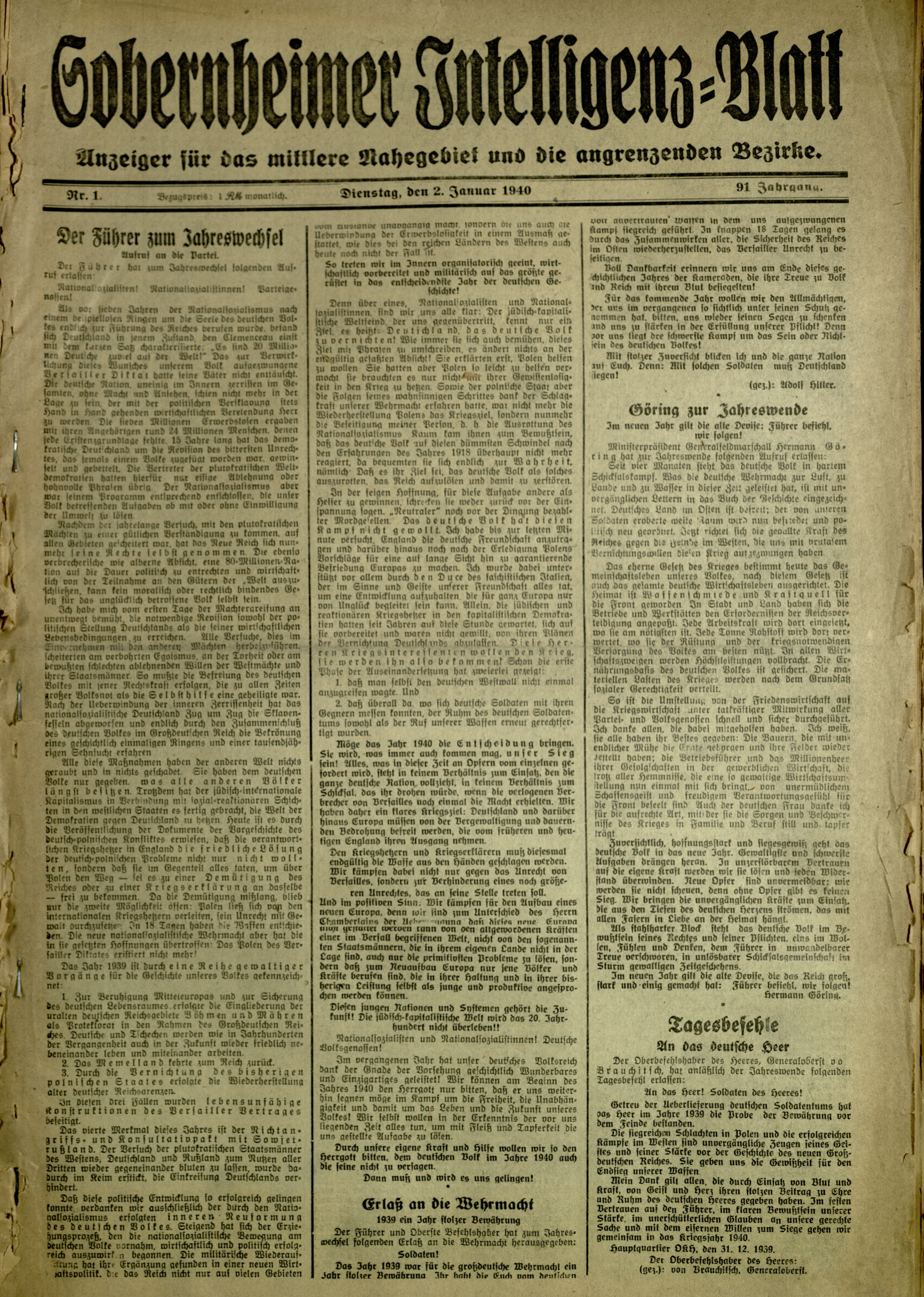 Zeitung: Sobernheimer Intelligenzblatt; Januar 1940, Jg. 91 Nr. 1 (Heimatmuseum Bad Sobernheim CC BY-NC-SA)