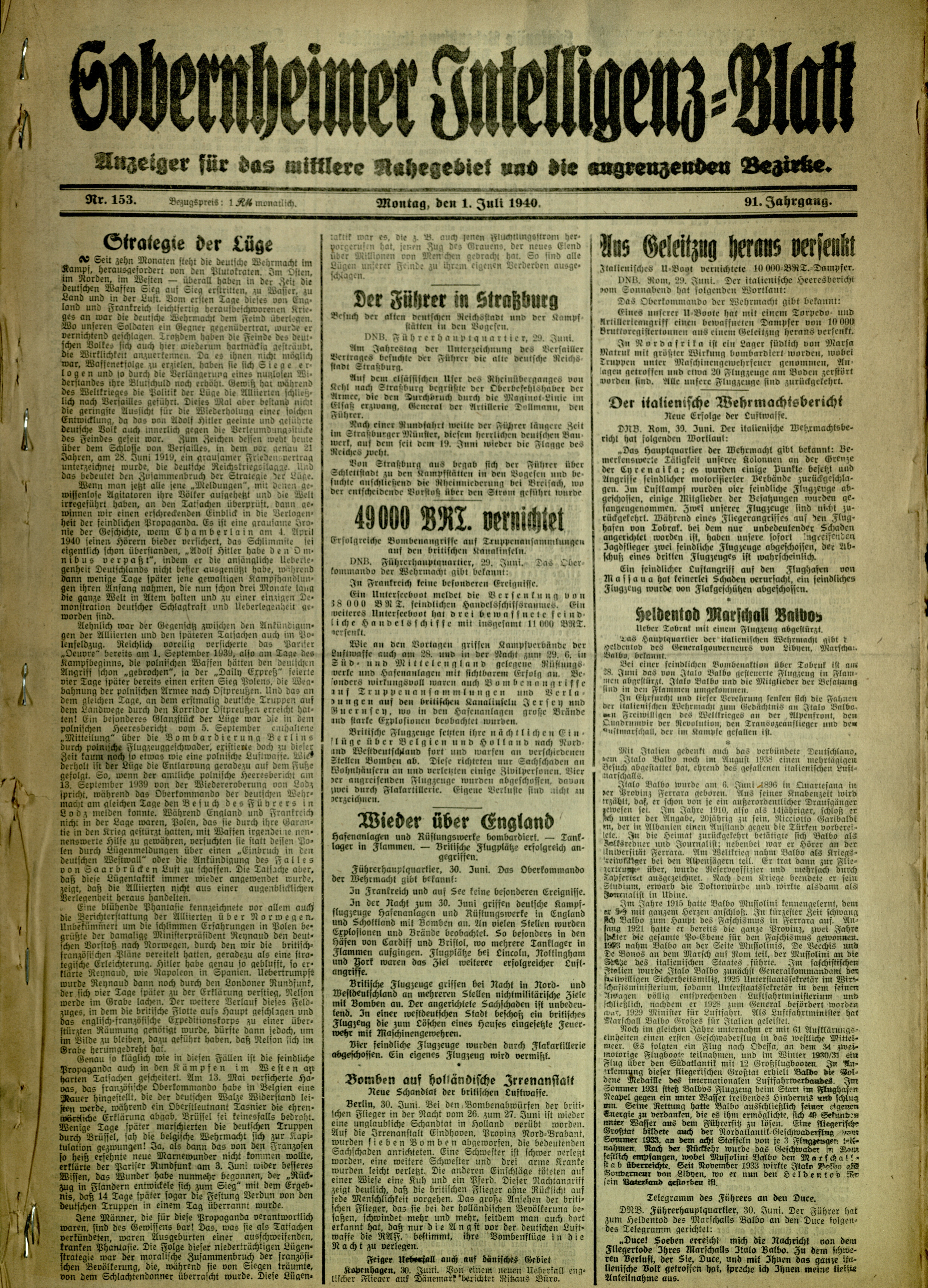 Zeitung: Sobernheimer Intelligenzblatt; Juli 1940, Jg. 91 Nr. 153 (Heimatmuseum Bad Sobernheim CC BY-NC-SA)