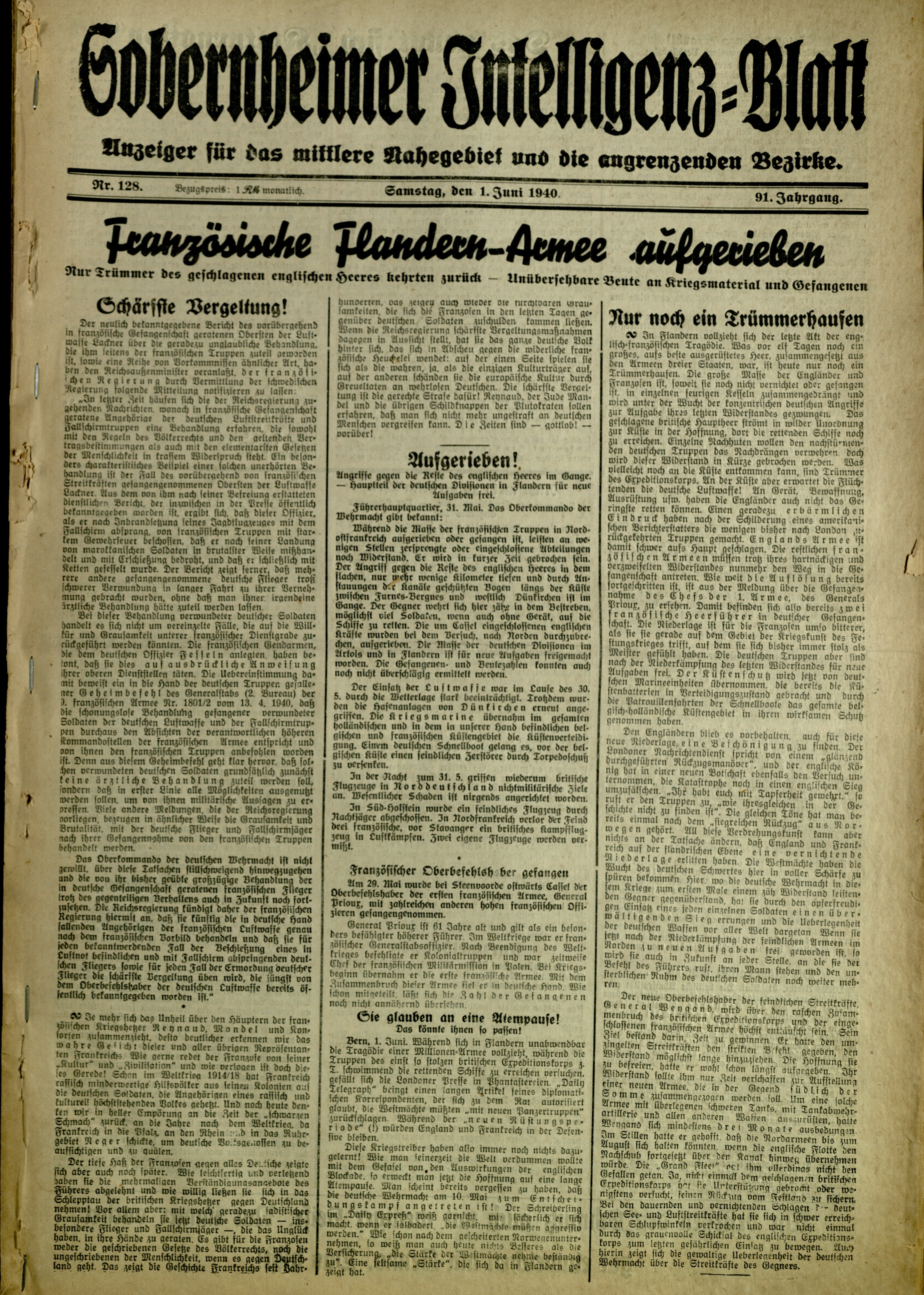 Zeitung: Sobernheimer Intelligenzblatt; Juni 1940, Jg. 91 Nr. 128 (Heimatmuseum Bad Sobernheim CC BY-NC-SA)
