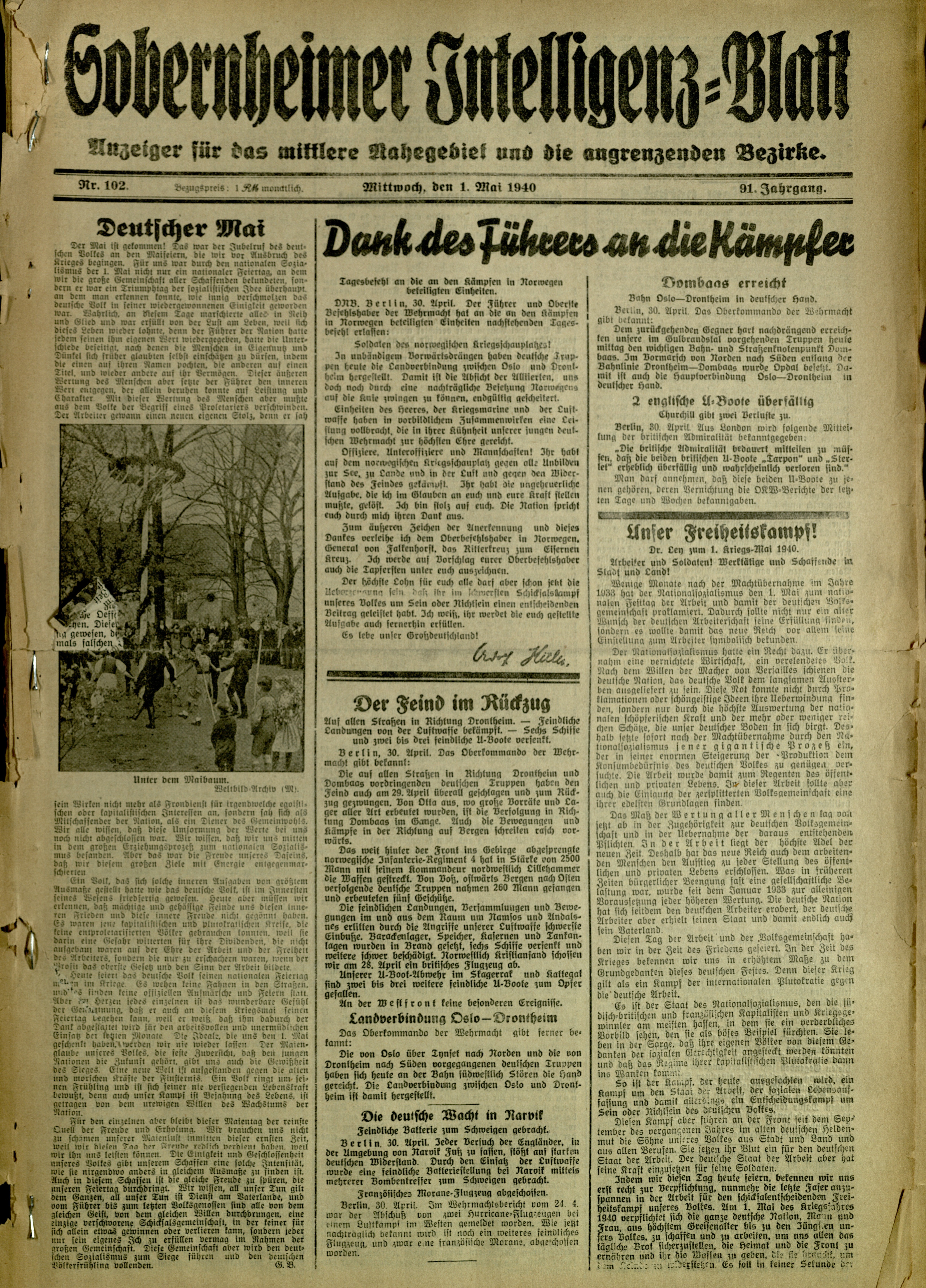 Zeitung: Sobernheimer Intelligenzblatt; Mai 1940, Jg. 91 Nr. 102 (Heimatmuseum Bad Sobernheim CC BY-NC-SA)