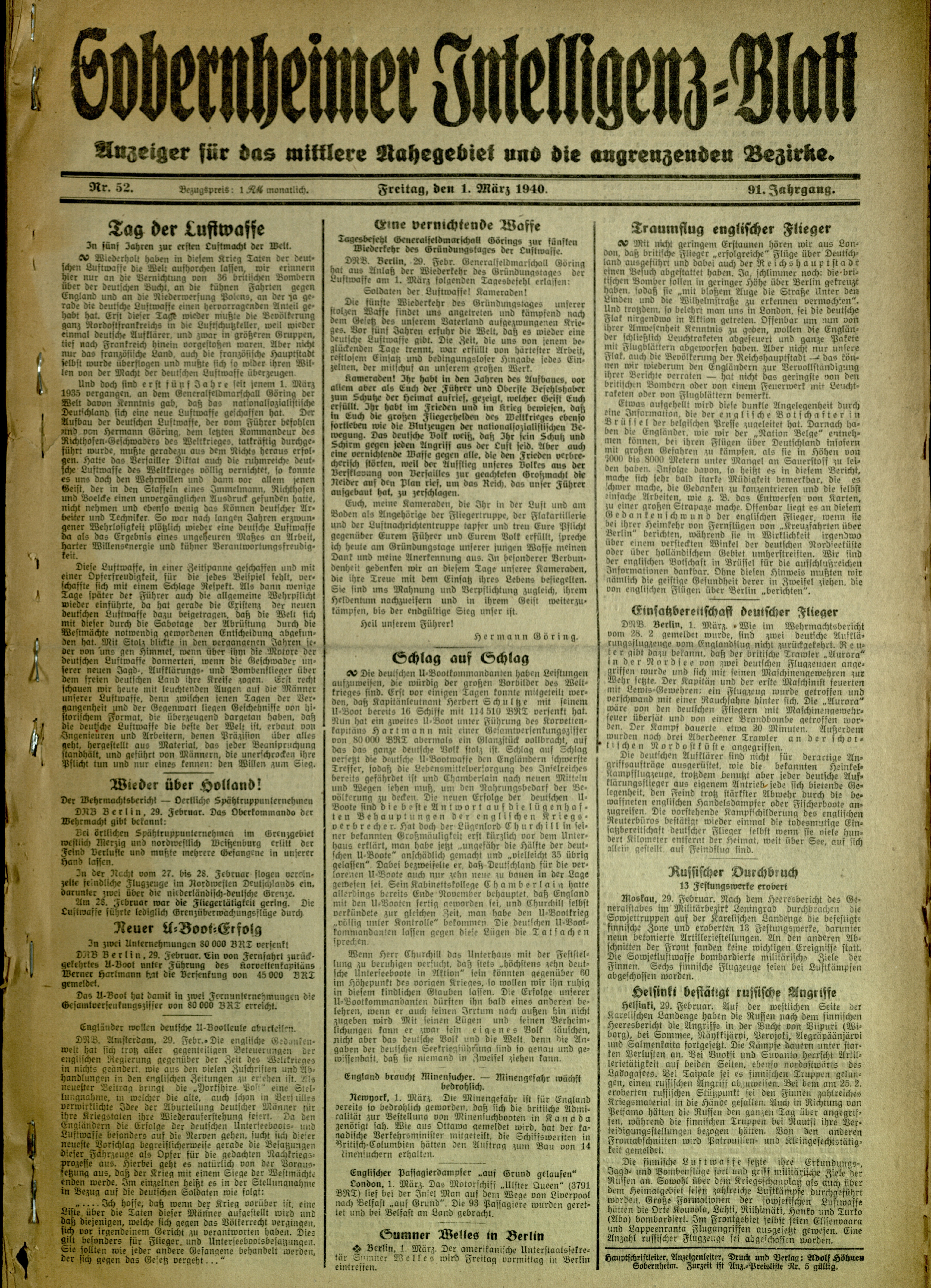 Zeitung: Sobernheimer Intelligenzblatt; Mai 1940, Jg. 91 Nr. 102 (Heimatmuseum Bad Sobernheim CC BY-NC-SA)
