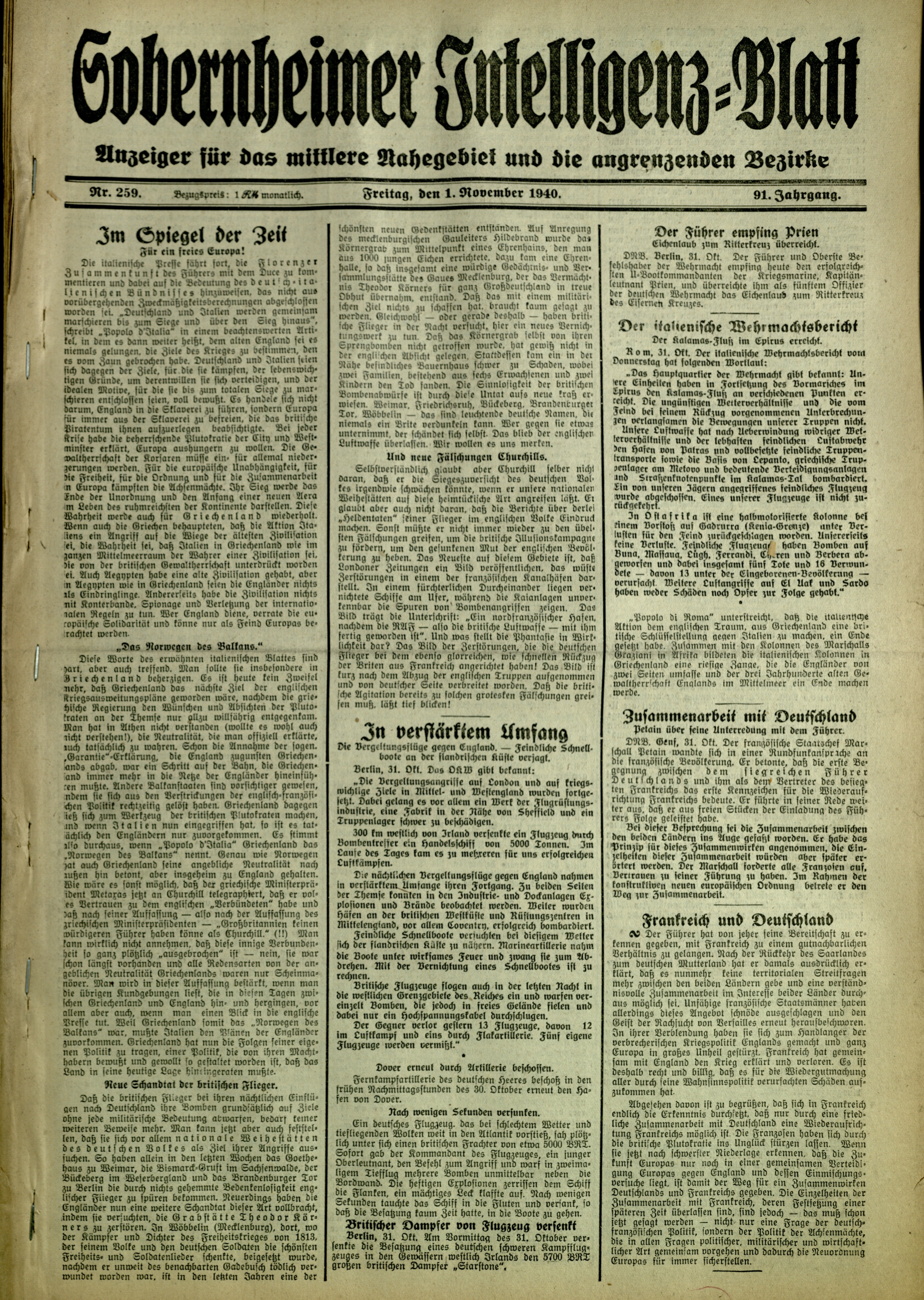 Zeitung: Sobernheimer Intelligenzblatt; November 1940, Jg. 91 Nr. 259 (Heimatmuseum Bad Sobernheim CC BY-NC-SA)