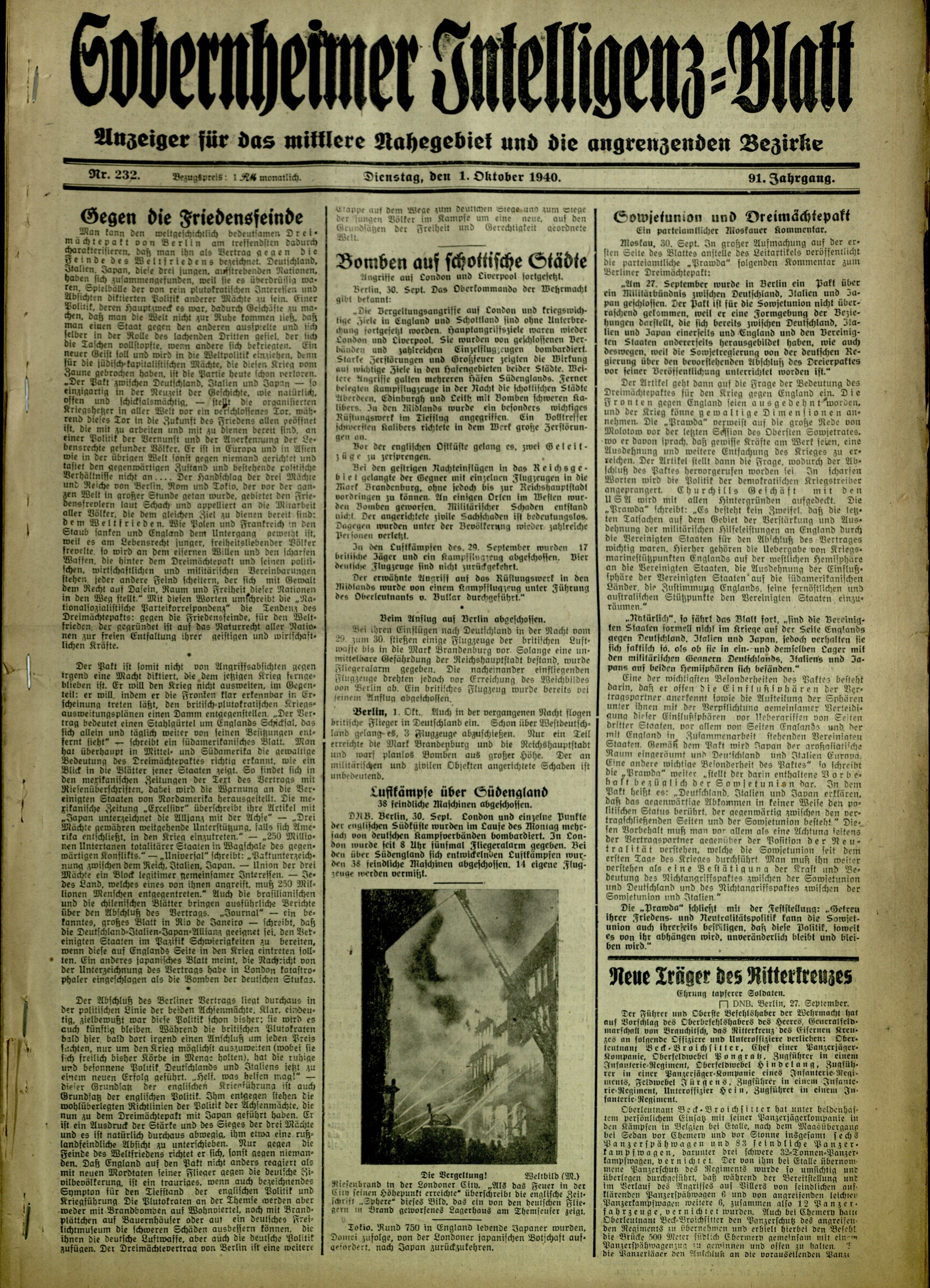 Zeitung: Sobernheimer Intelligenzblatt; Okjtober 1940, Jg. 91 Nr. 232 (Heimatmuseum Bad Sobernheim CC BY-NC-SA)