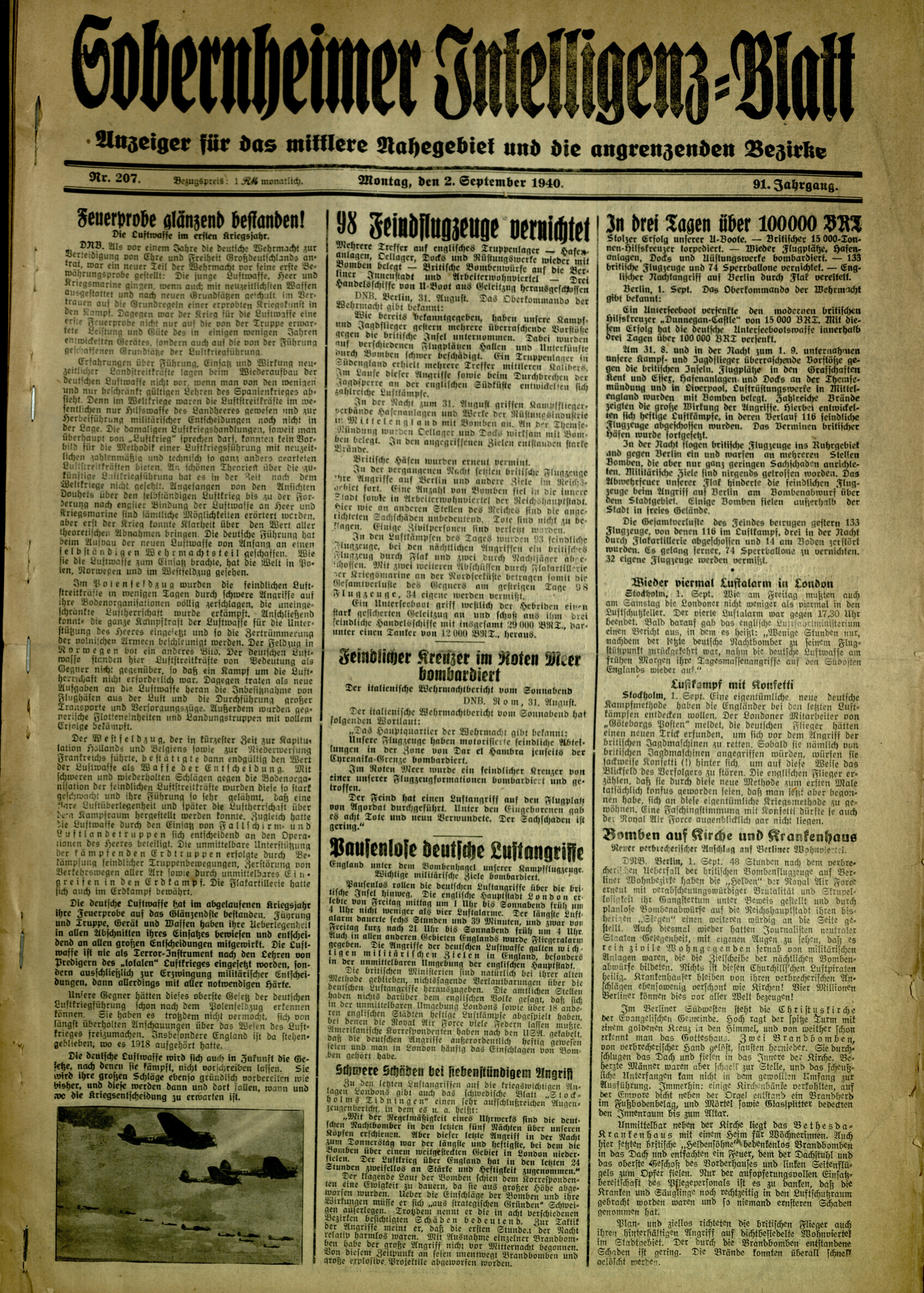 Zeitung: Sobernheimer Intelligenzblatt; September 1940, Jg. 91 Nr. 207 (Heimatmuseum Bad Sobernheim CC BY-NC-SA)