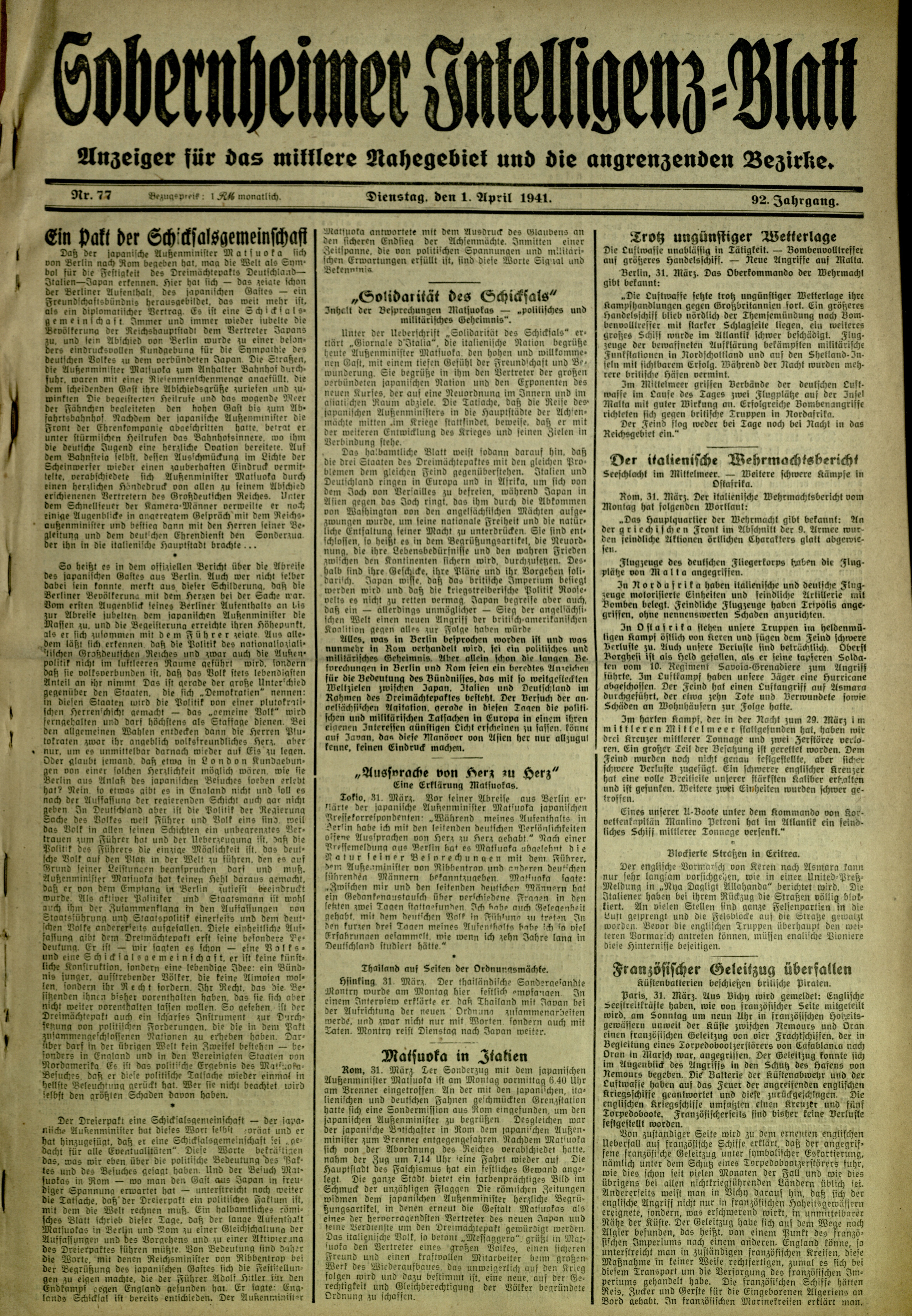Zeitung: Sobernheimer Intelligenzblatt; April 1941, Jg. 92 Nr. 91 (Heimatmuseum Bad Sobernheim CC BY-NC-SA)