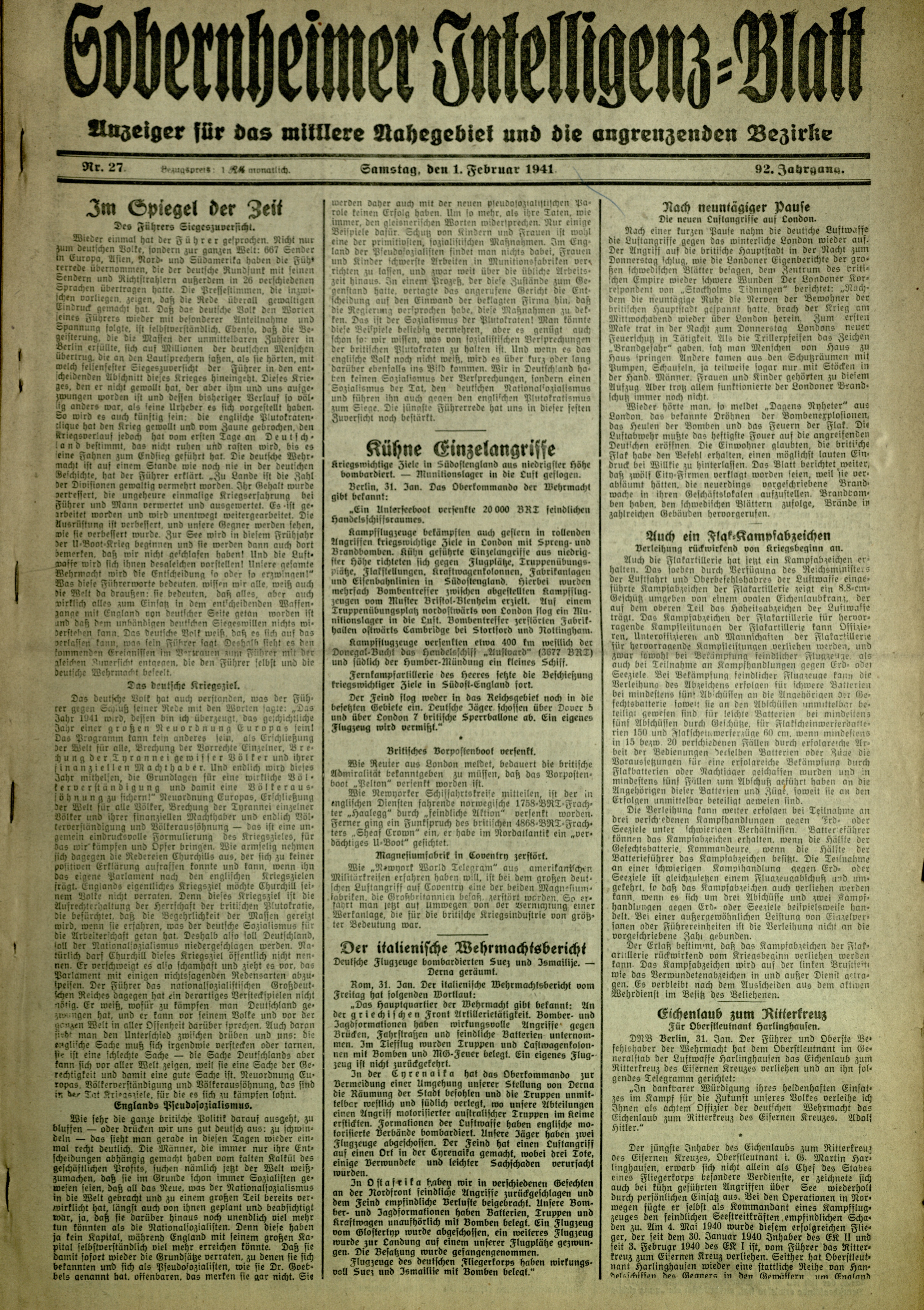 Zeitung: Sobernheimer Intelligenzblatt Februar 1941, Jg. 101, Nr. 27 (Heimatmuseum Bad Sobernheim CC BY-NC-SA)